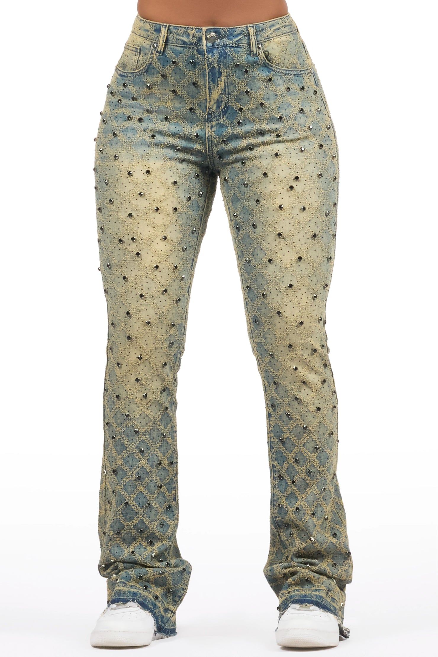 Sareka Tinted Dark Wash Rhinestone Stacked Flare Jean