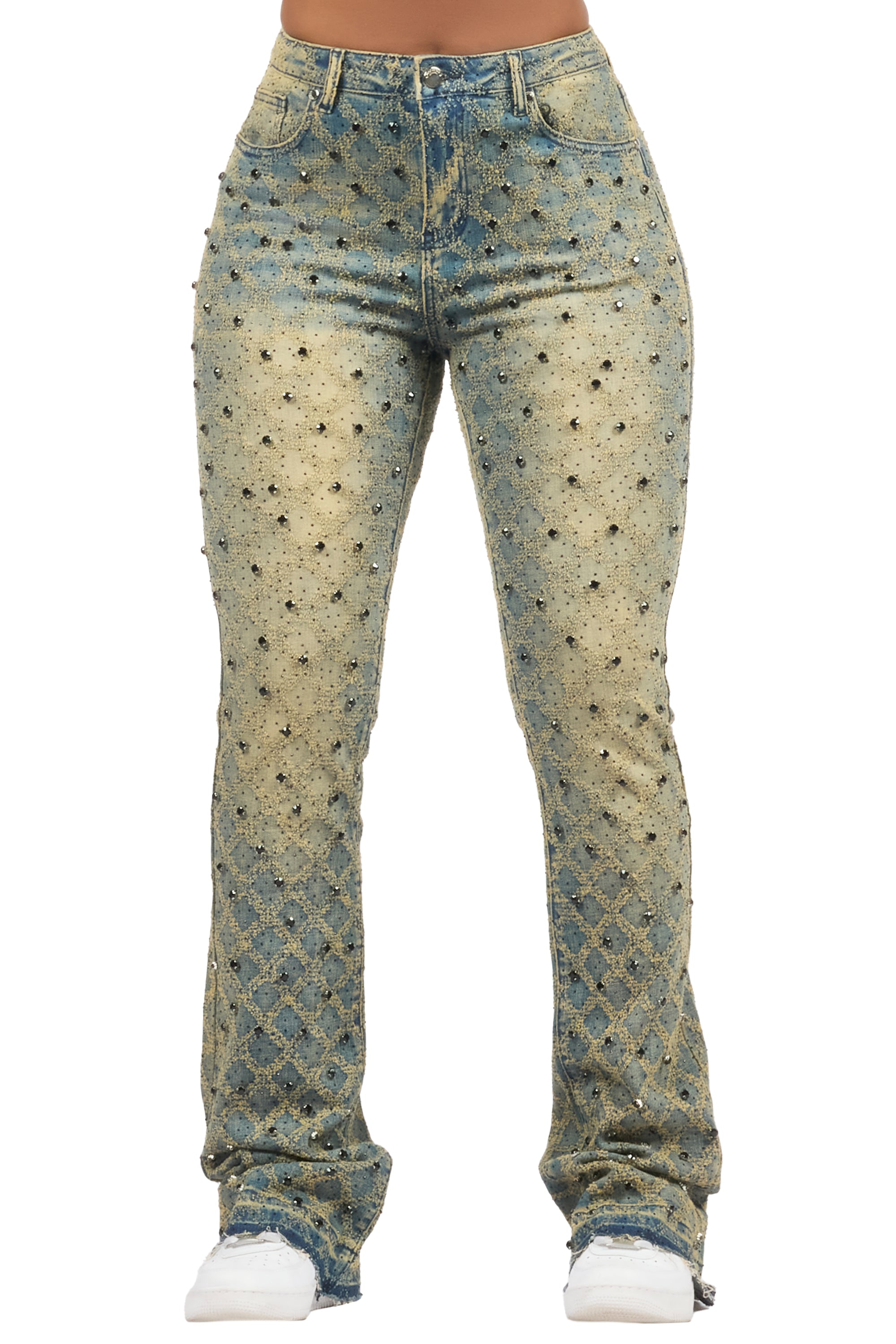 Sareka Tinted Dark Wash Rhinestone Stacked Flare Jean– Rockstar