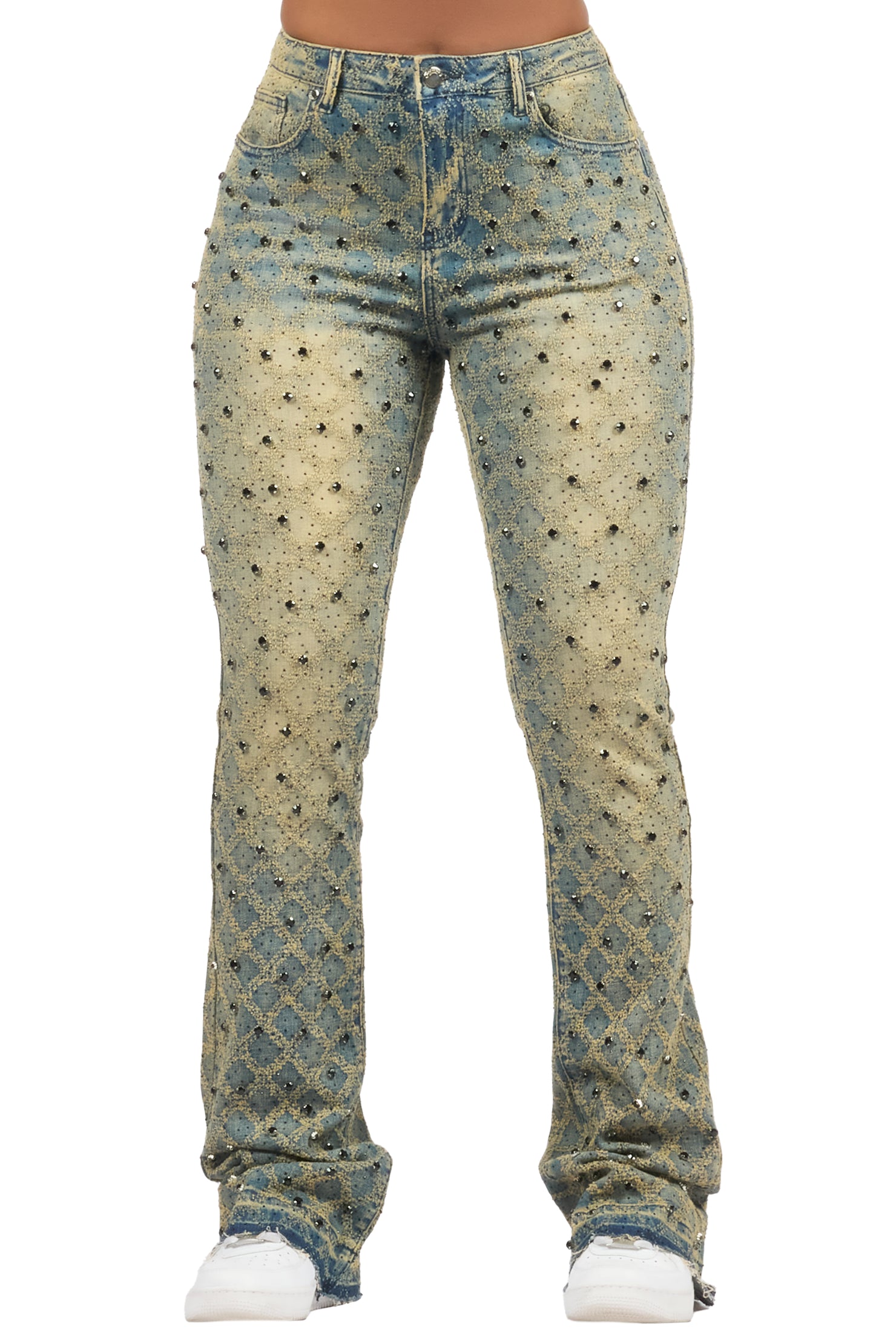 Sareka Tinted Dark Wash Rhinestone Stacked Flare Jean