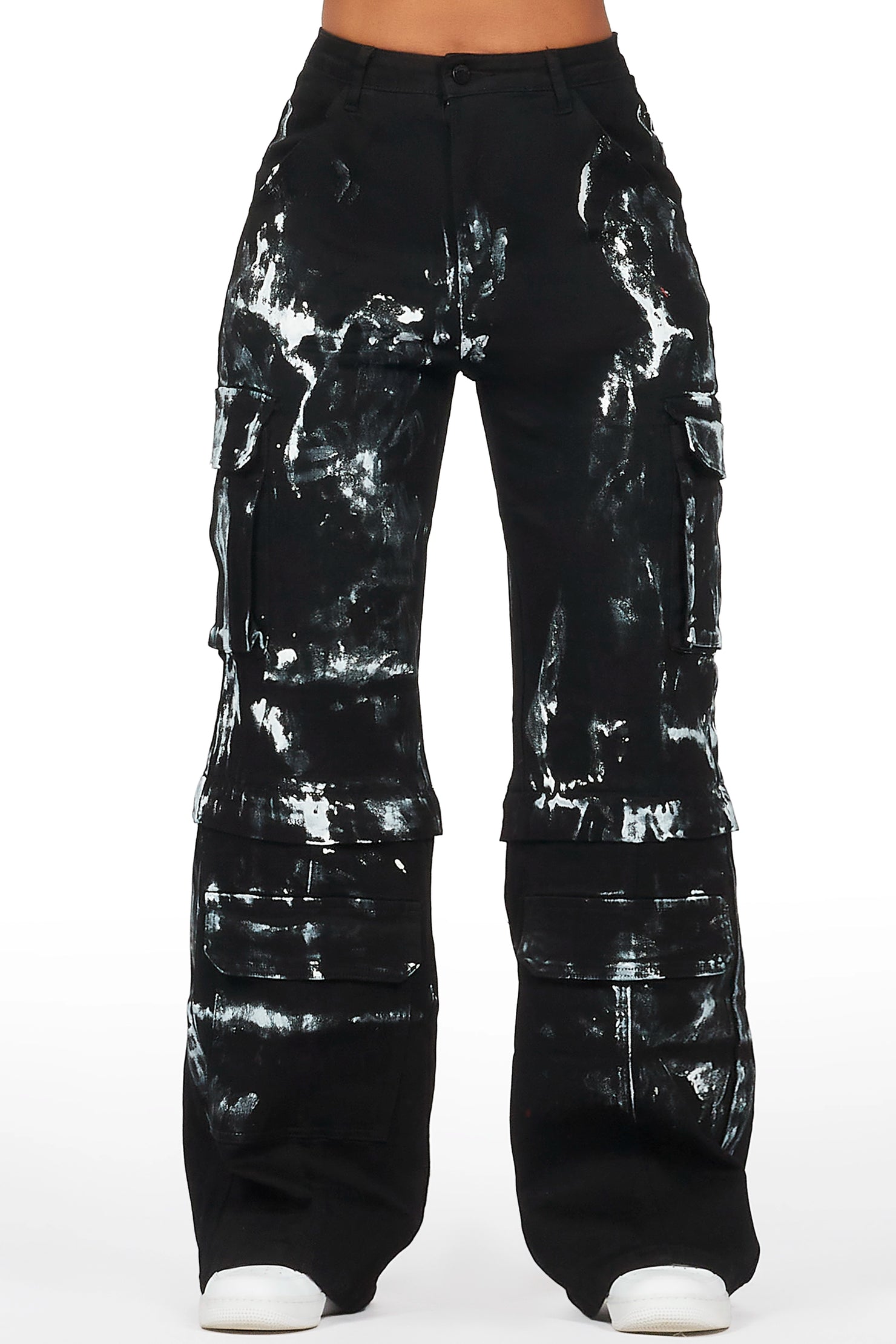 Necola Black Painted Stretch Wide Leg Jean