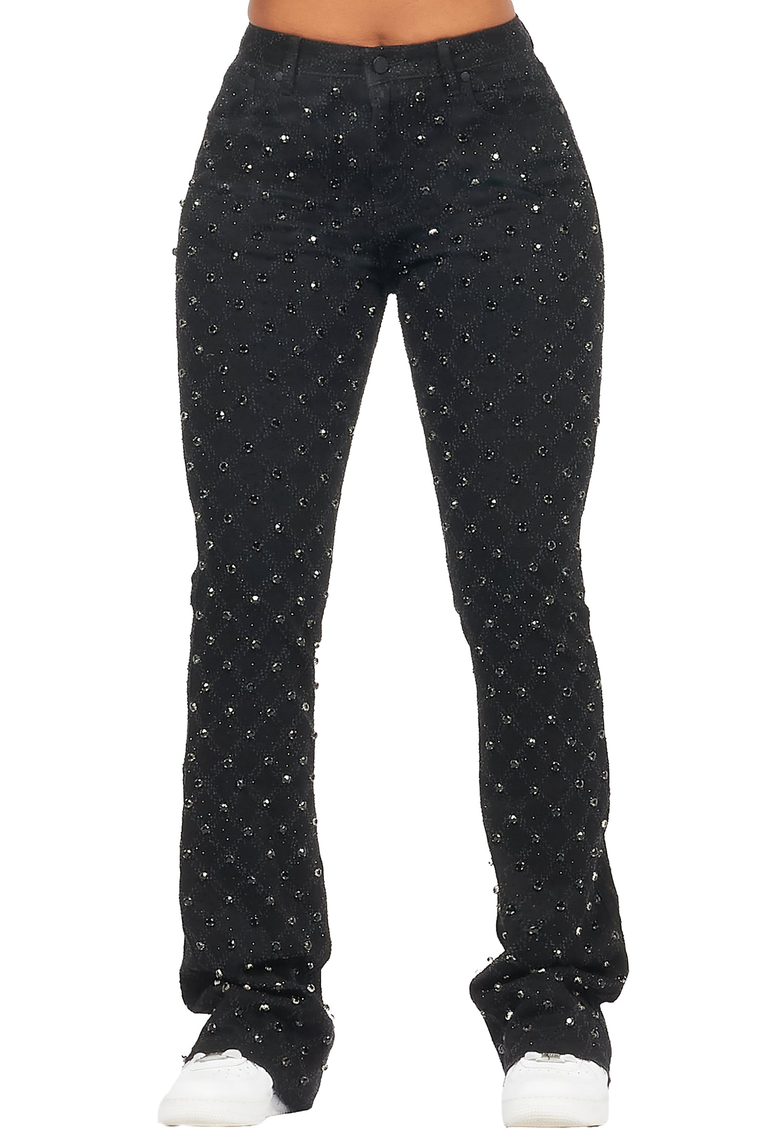 Sareka Black Rhinestone Stacked Flare Jean