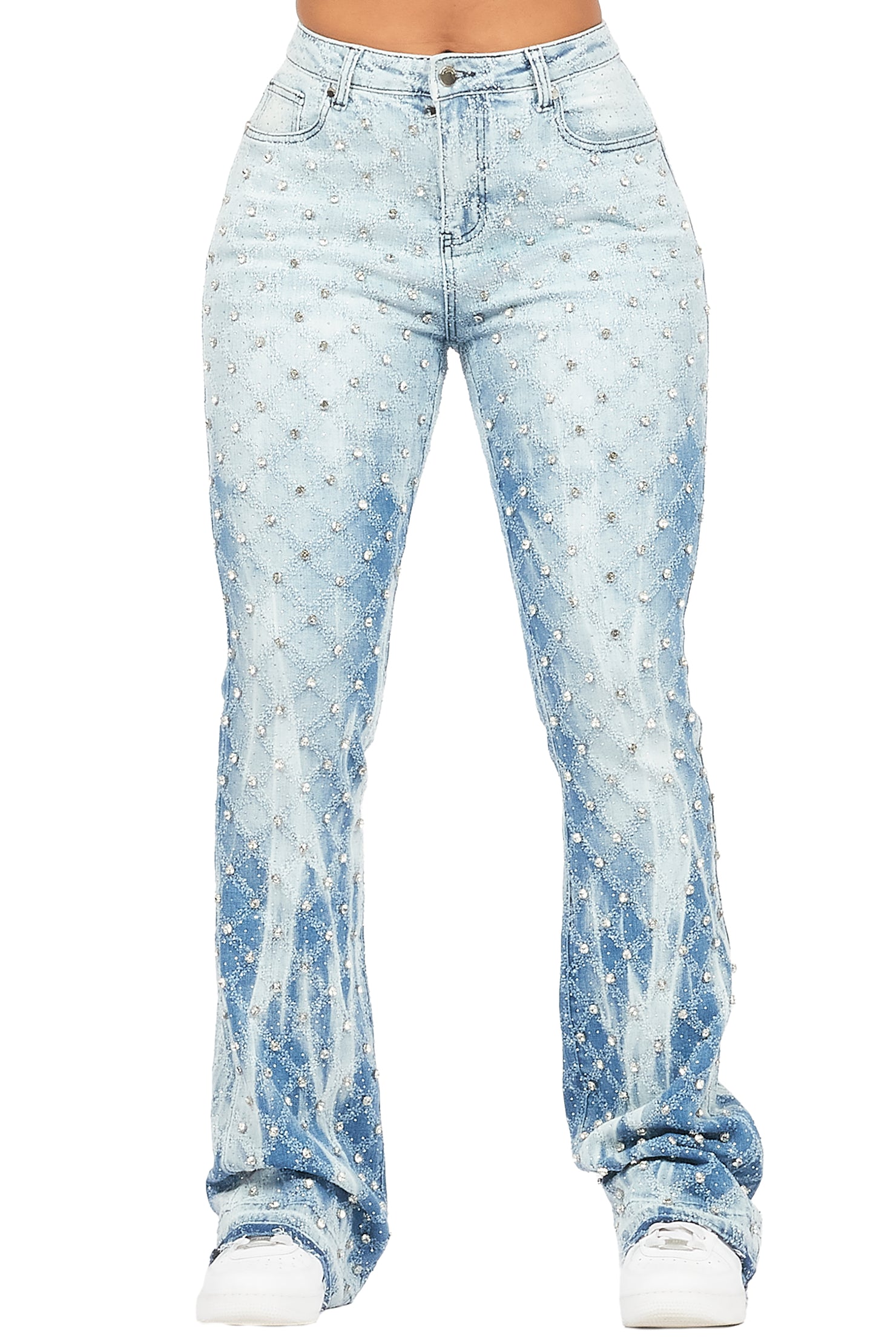 Sareka Light Wash Rhinestone Stacked Flare Jean
