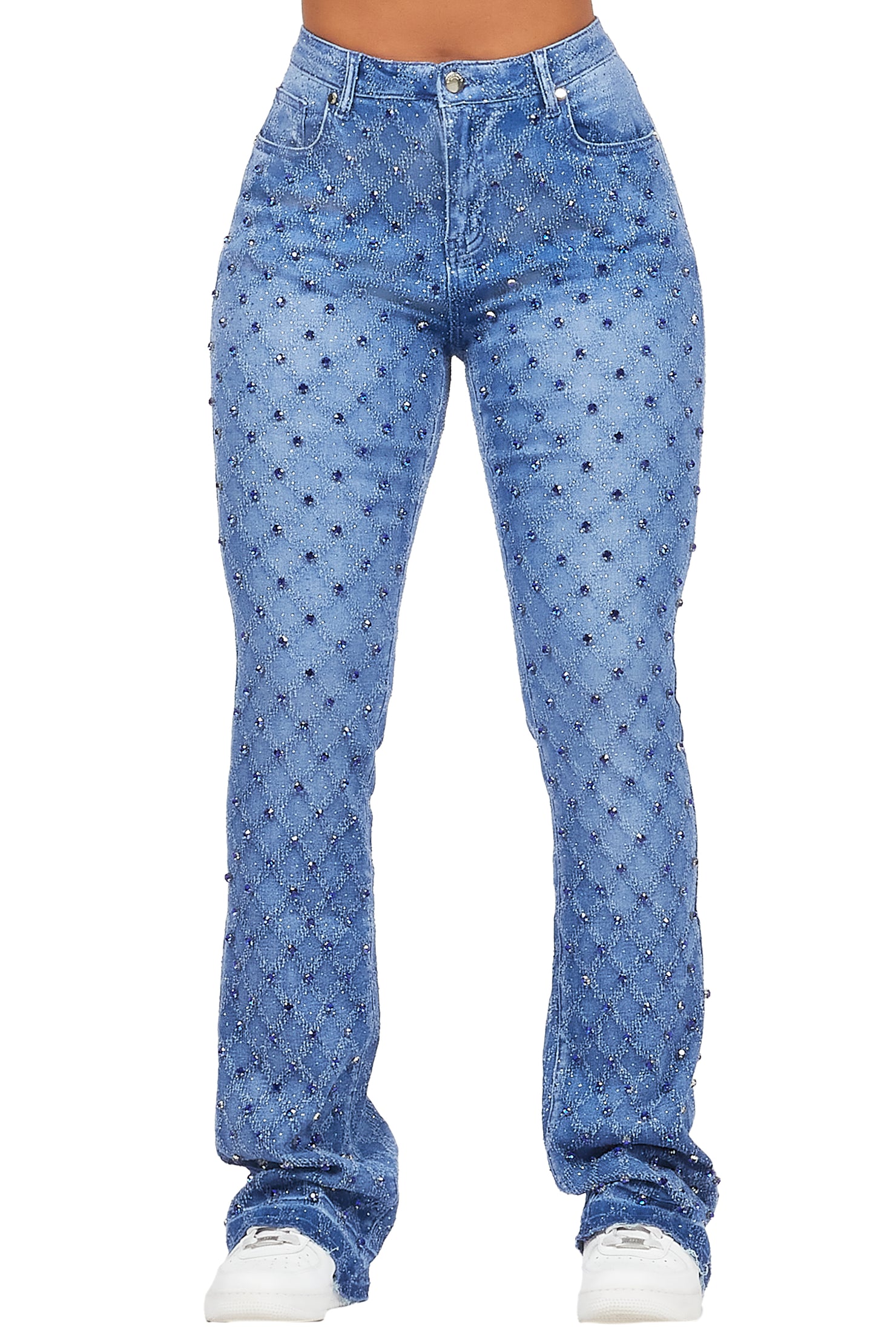 Sareka Royal Blue Rhinestone Stacked Flare Jean