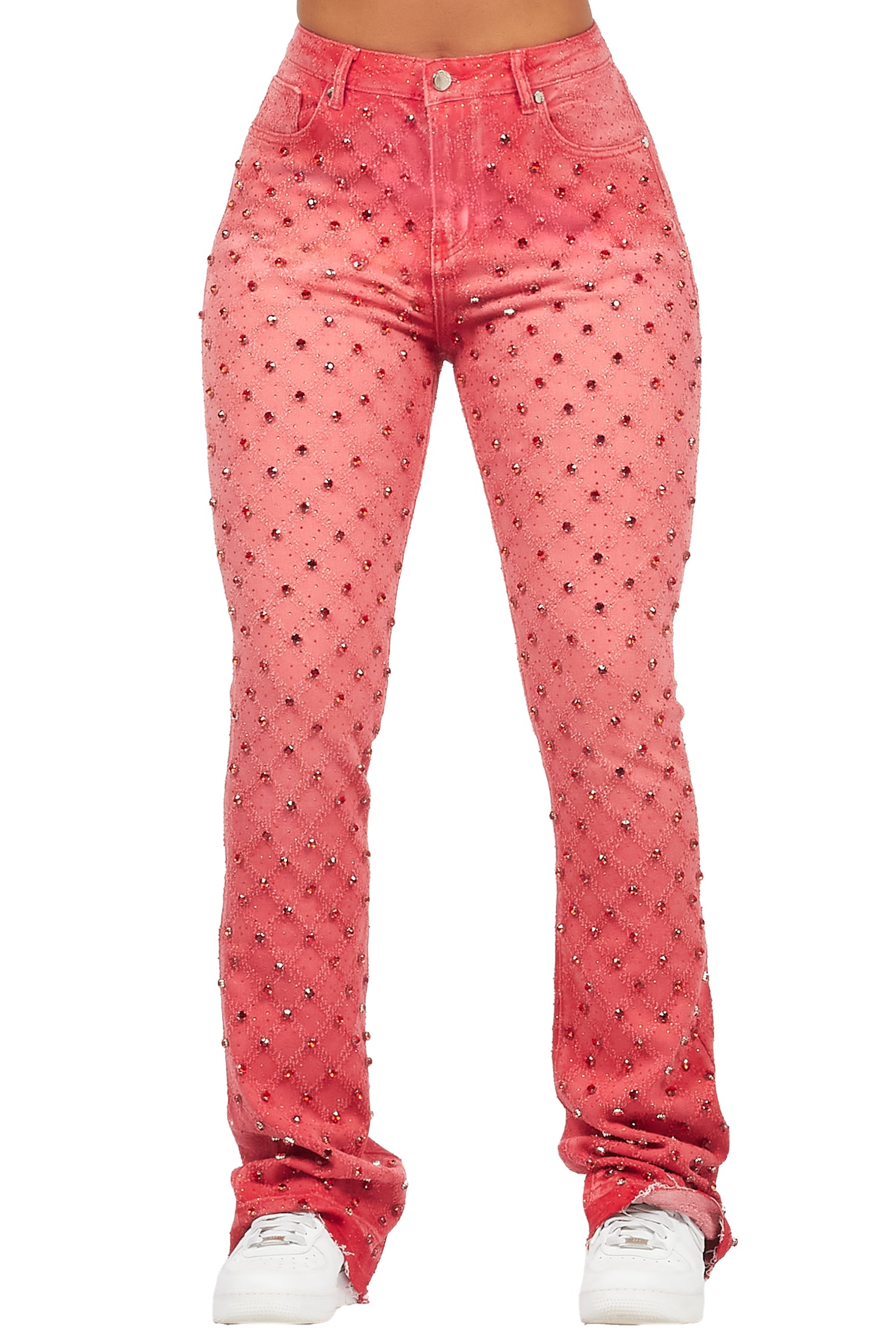 Sareka Red Rhinestone Stacked Flare Jean