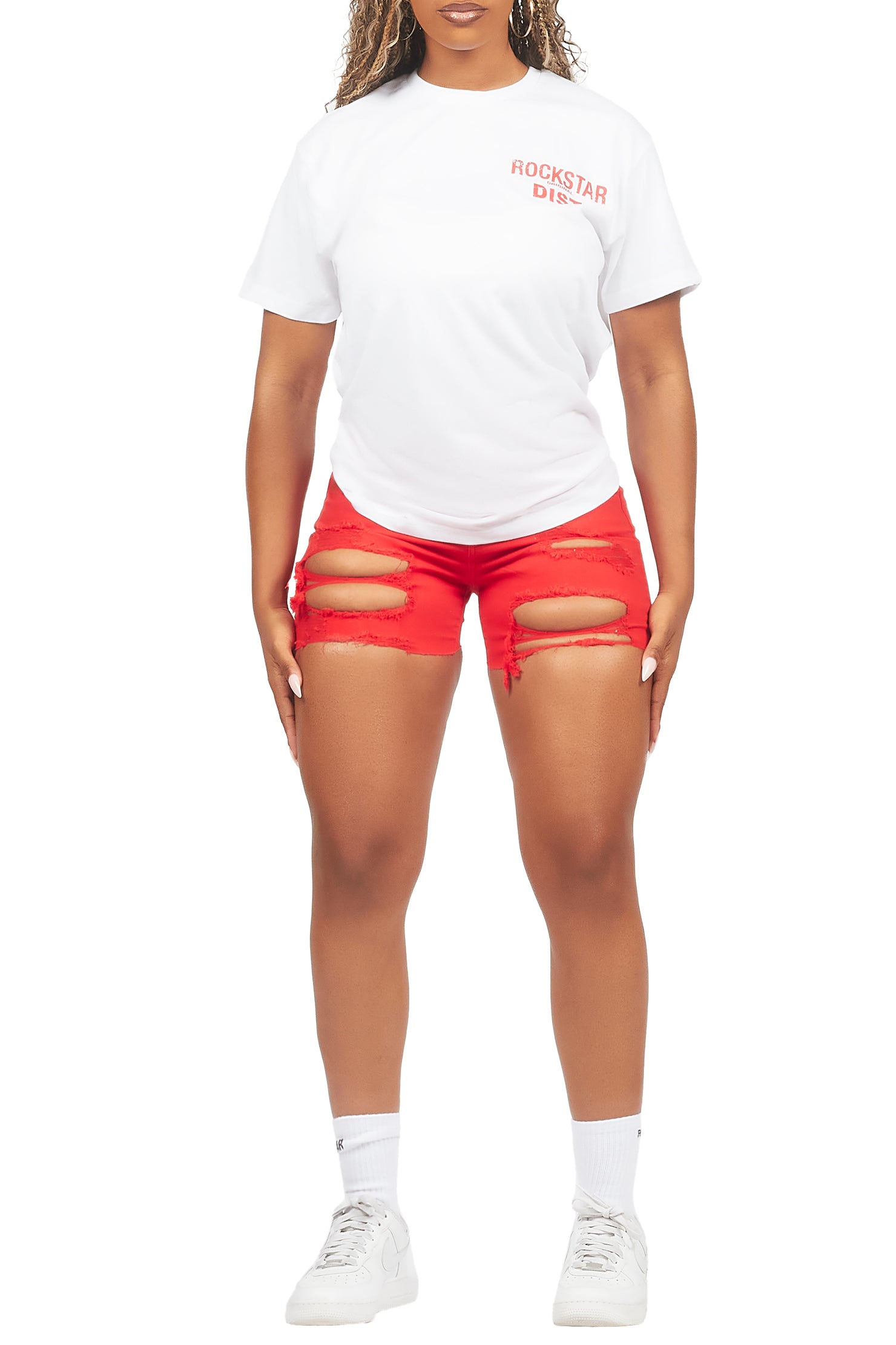Jaquane White/Red Denim Short Set
