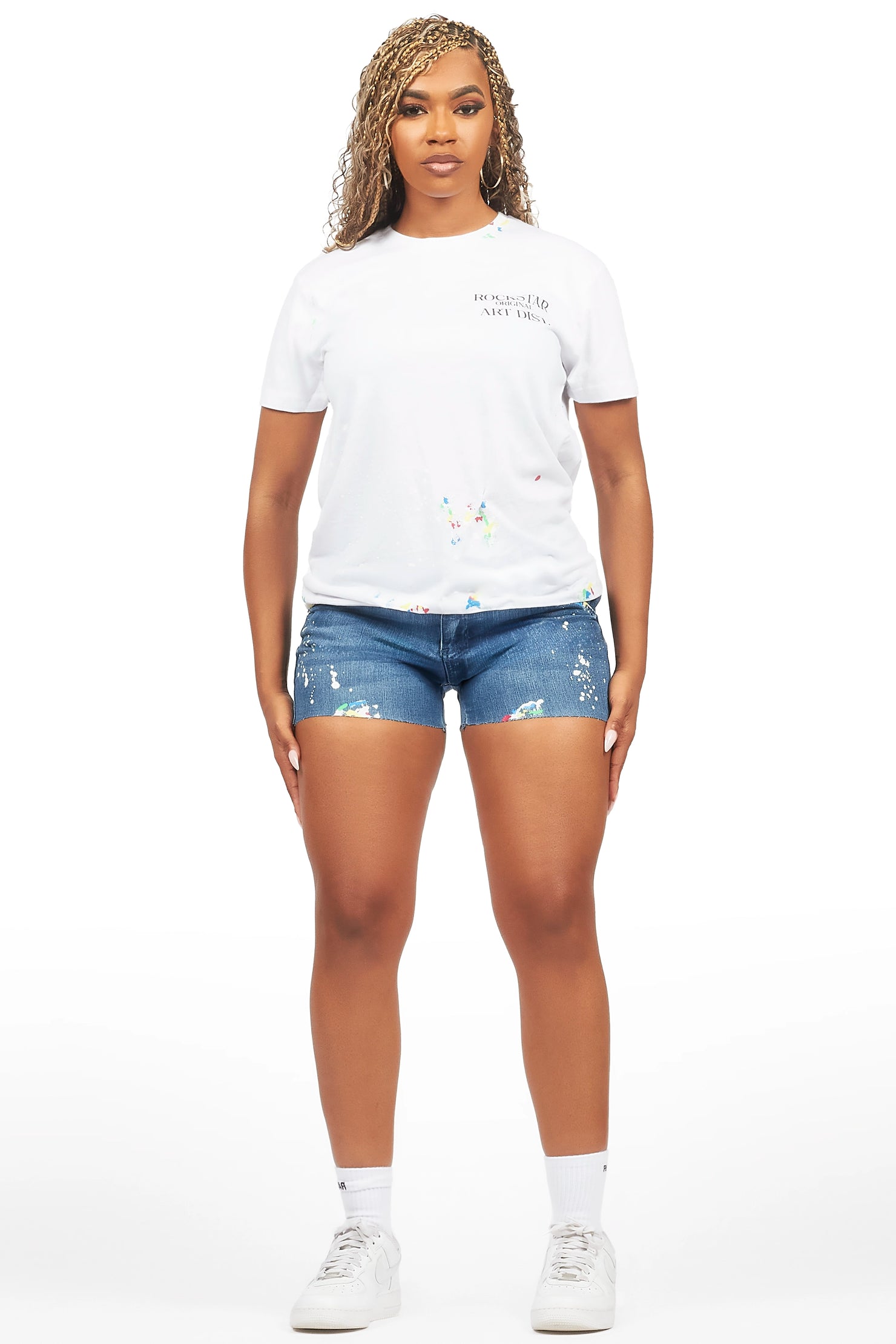 Nashiya White/Med Wash Denim Short Set