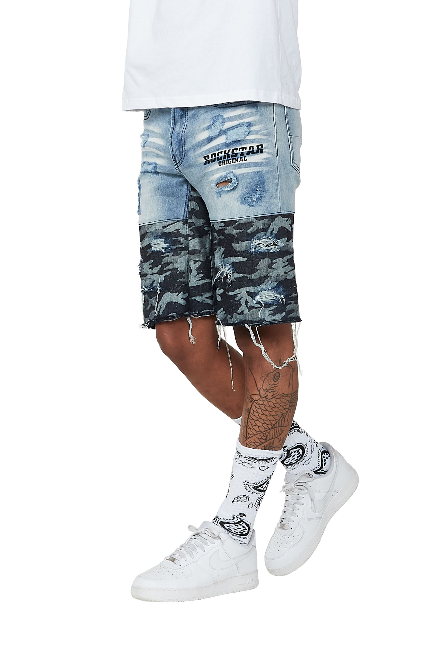 Santigo Blue/Grey Camo Camo Patchwork Denim Short