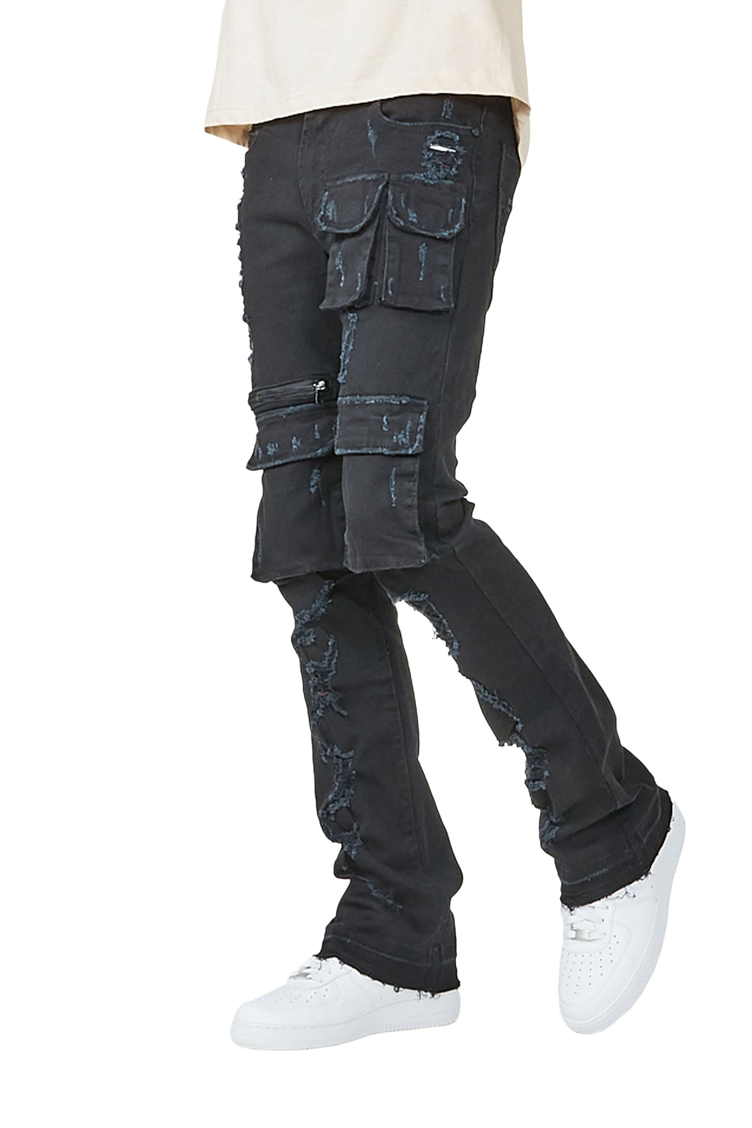 Sleez Black Stacked Flare Cargo Jean