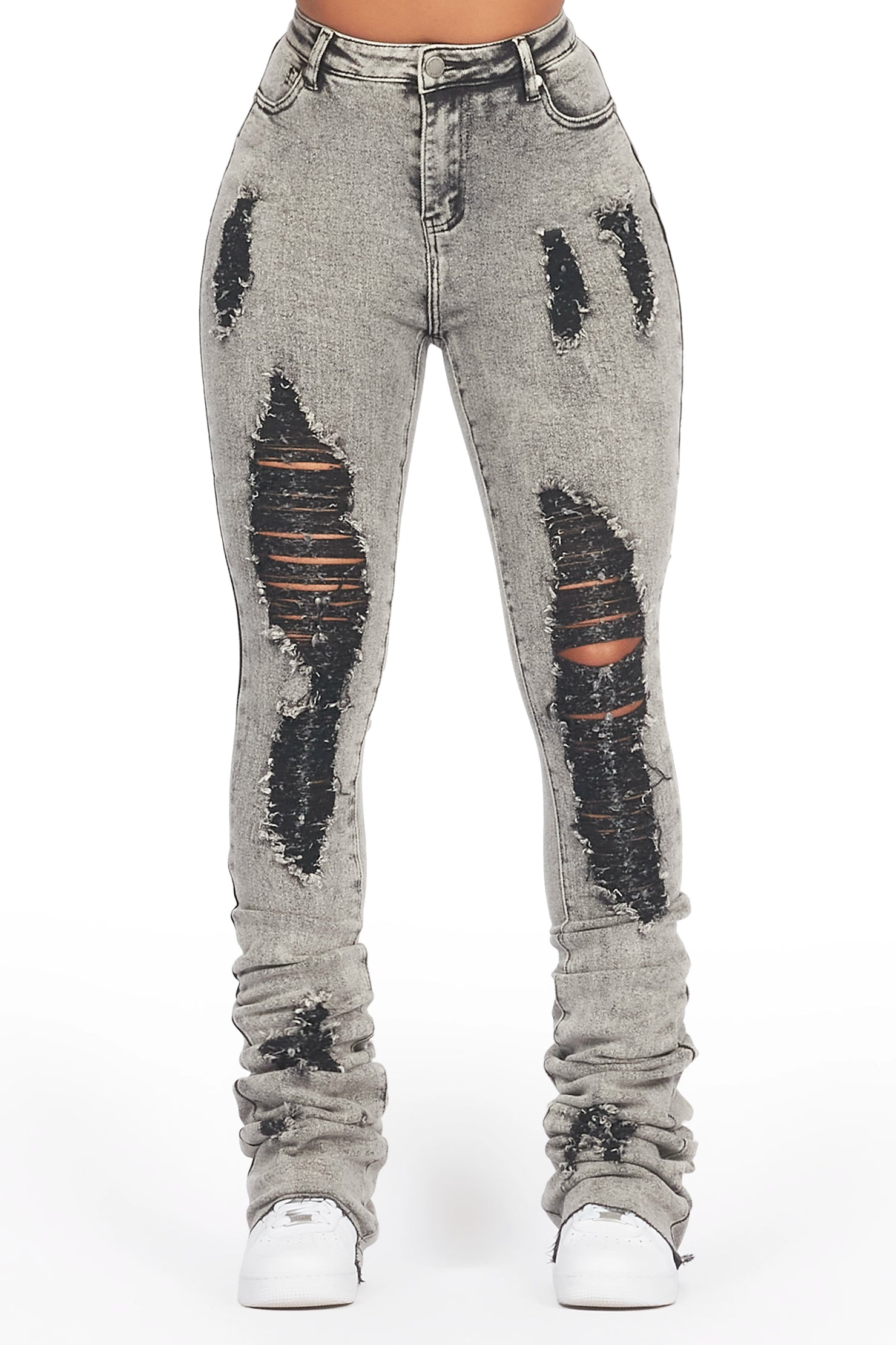 Got A Crush Grey Wash Distressed Super Stacked Jean