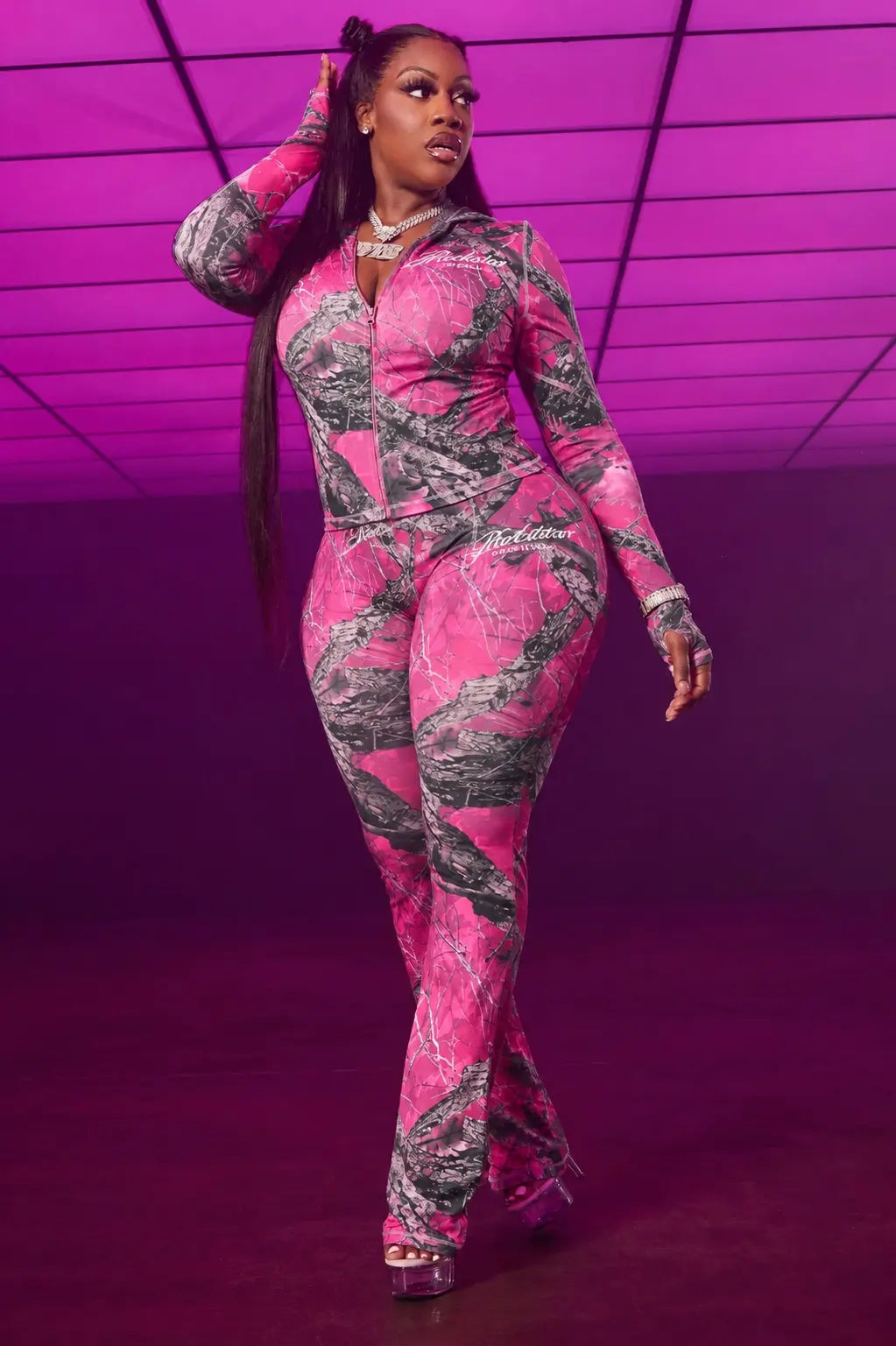 Arzena Dark Pink Tree Camo Zip Up Lounge Track Set