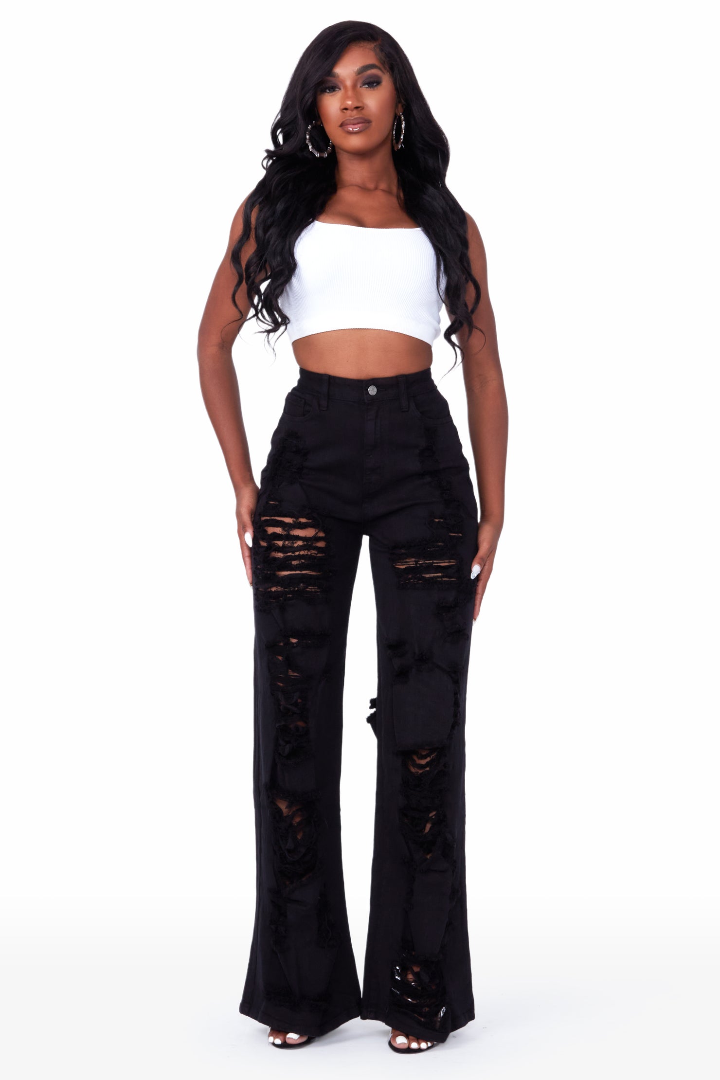 Angelique Black Shredded Wide Leg Jean