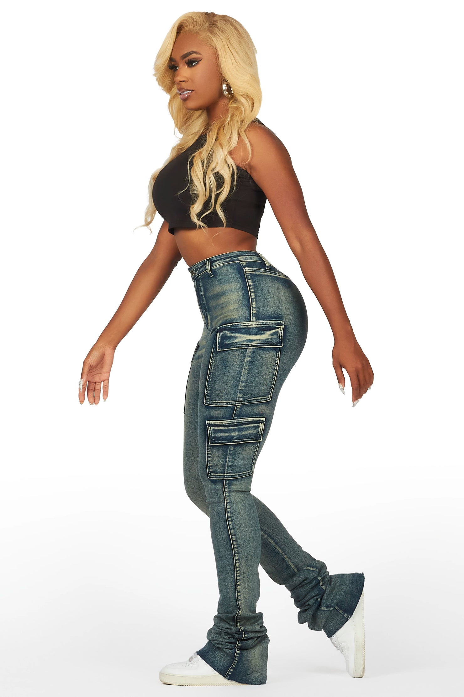 Vixen Tinted Dark Wash Cargo Super Stacked Pant