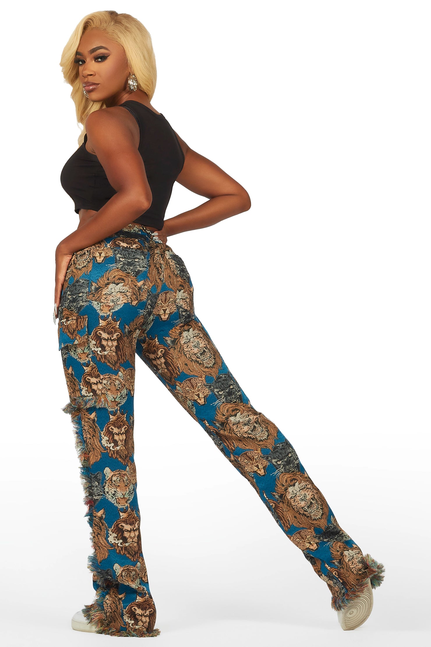Khadiyah Blue Animal Print Tapestry Stacked Pant
