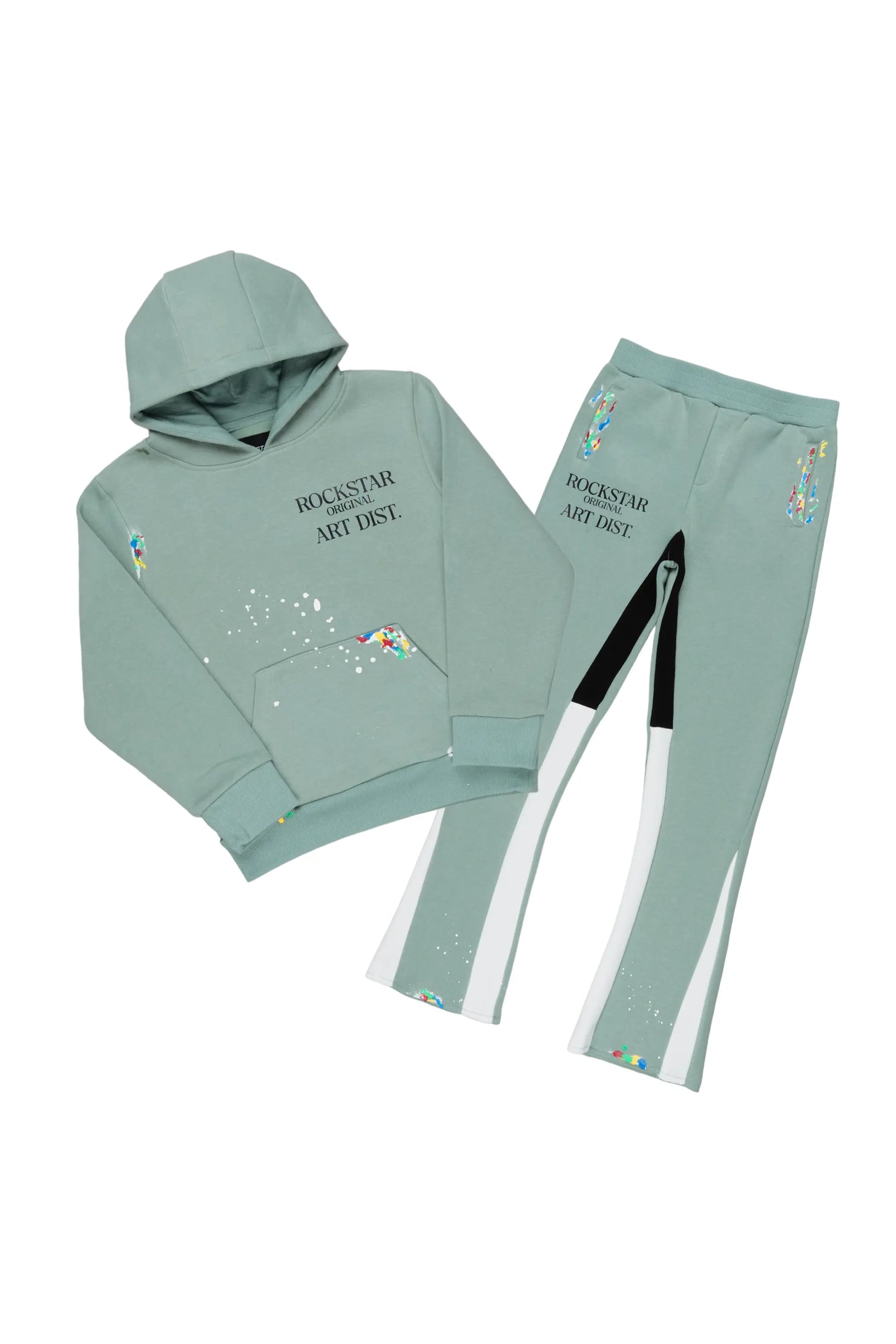 Boys Art Dist. Sage/White Hoodie Stacked Flare Track Set