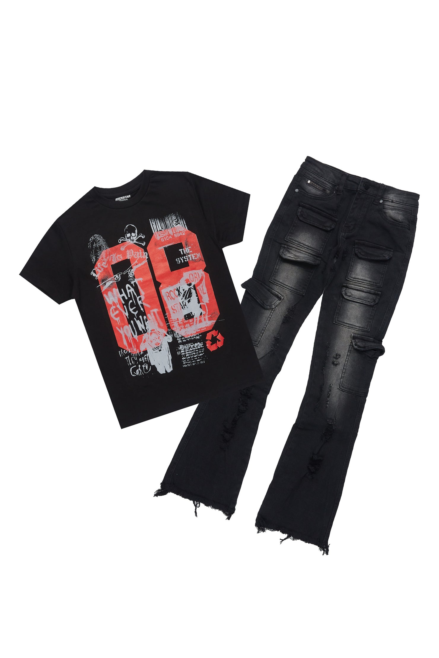 Boys Beau Black/Red T-Shirt/Stacked Flare Jean Set