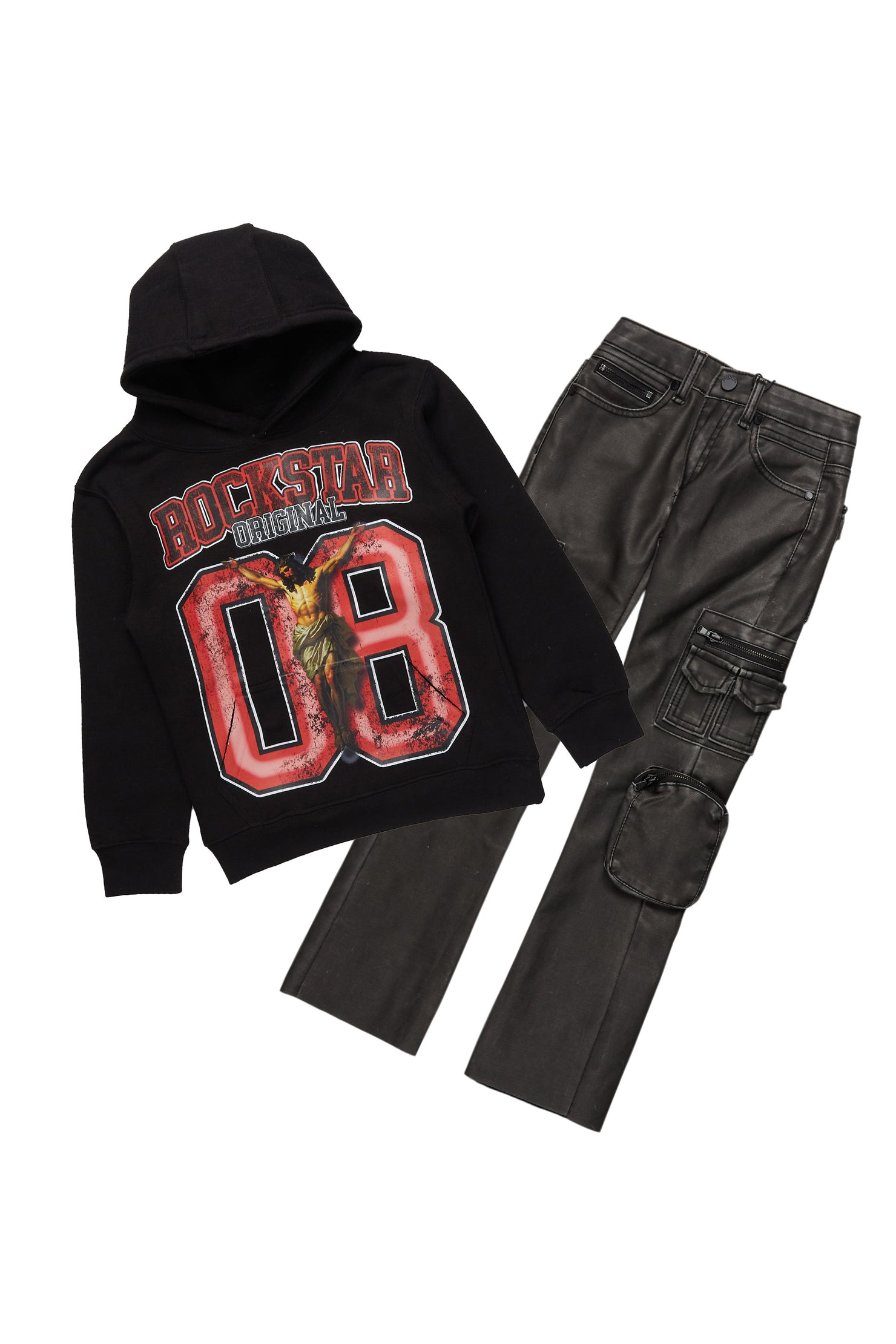Boys Fields Black Hoodie/Stacked Flare PU Jean Set
