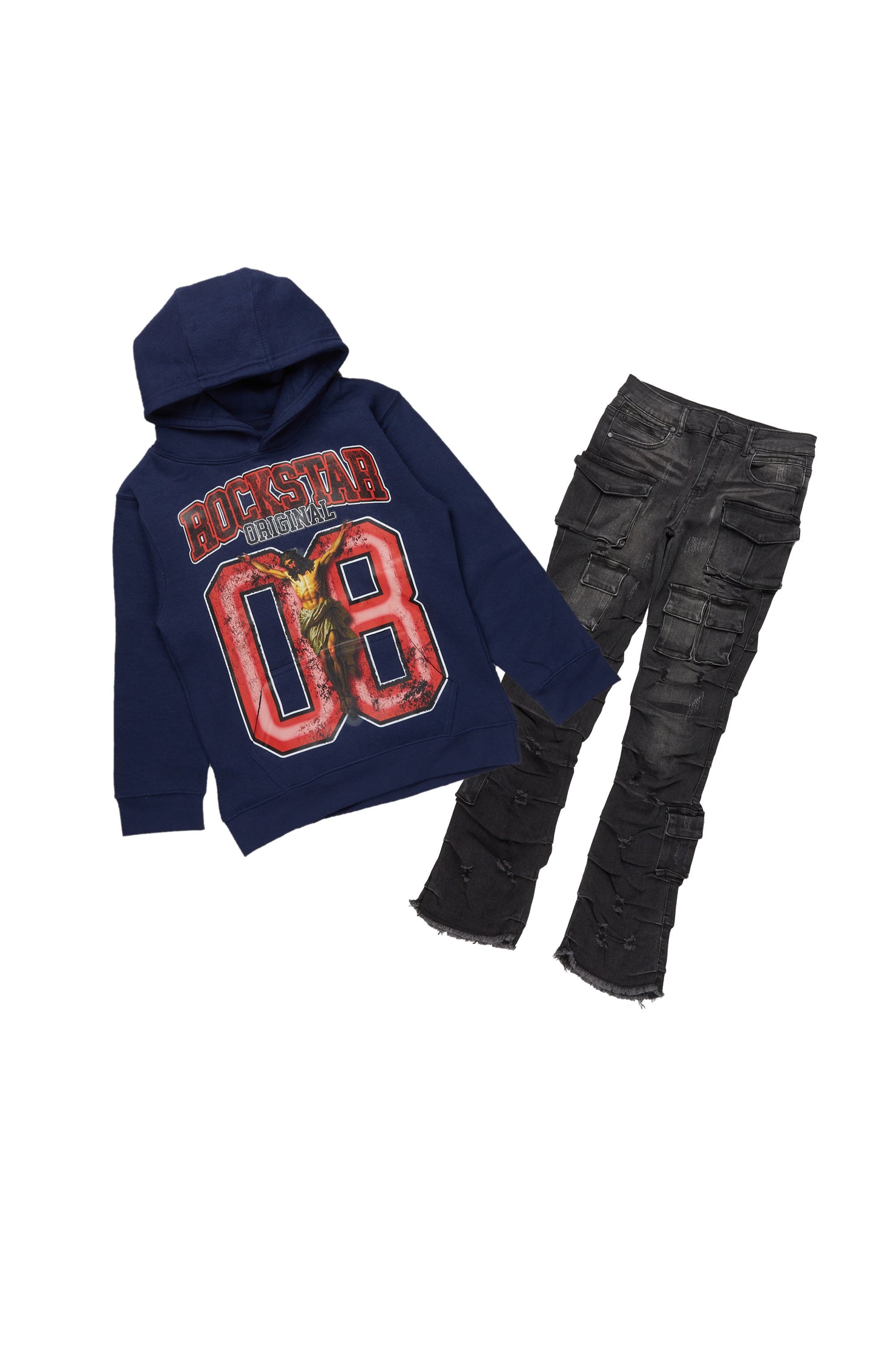 Boys Fields Navy Hoodie/Stack Flare Jean Set