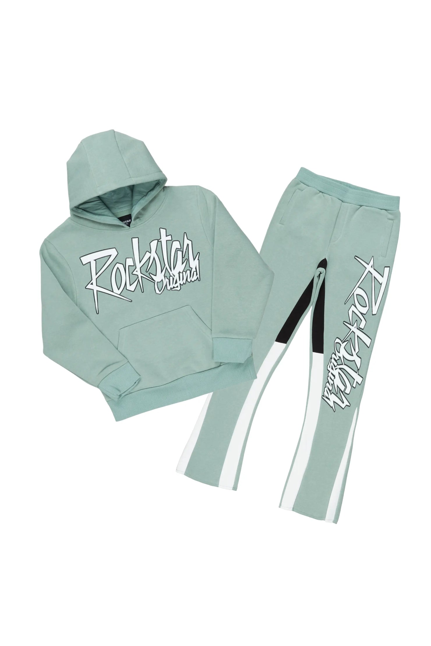 Girls Kalie Sage/White Hoodie Stacked Flare Track Set
