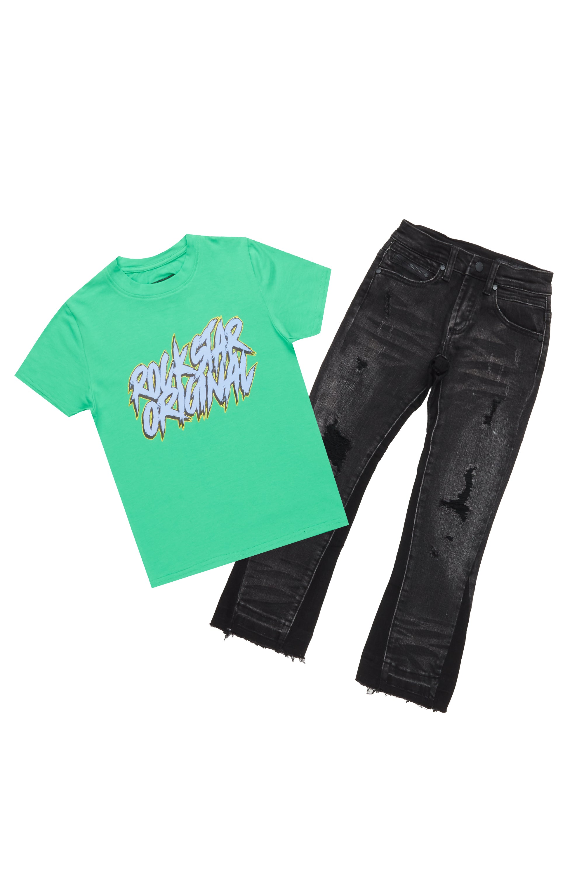 Boys Toshi Green/Black T-Shirt/Stacked Flare Jean Set