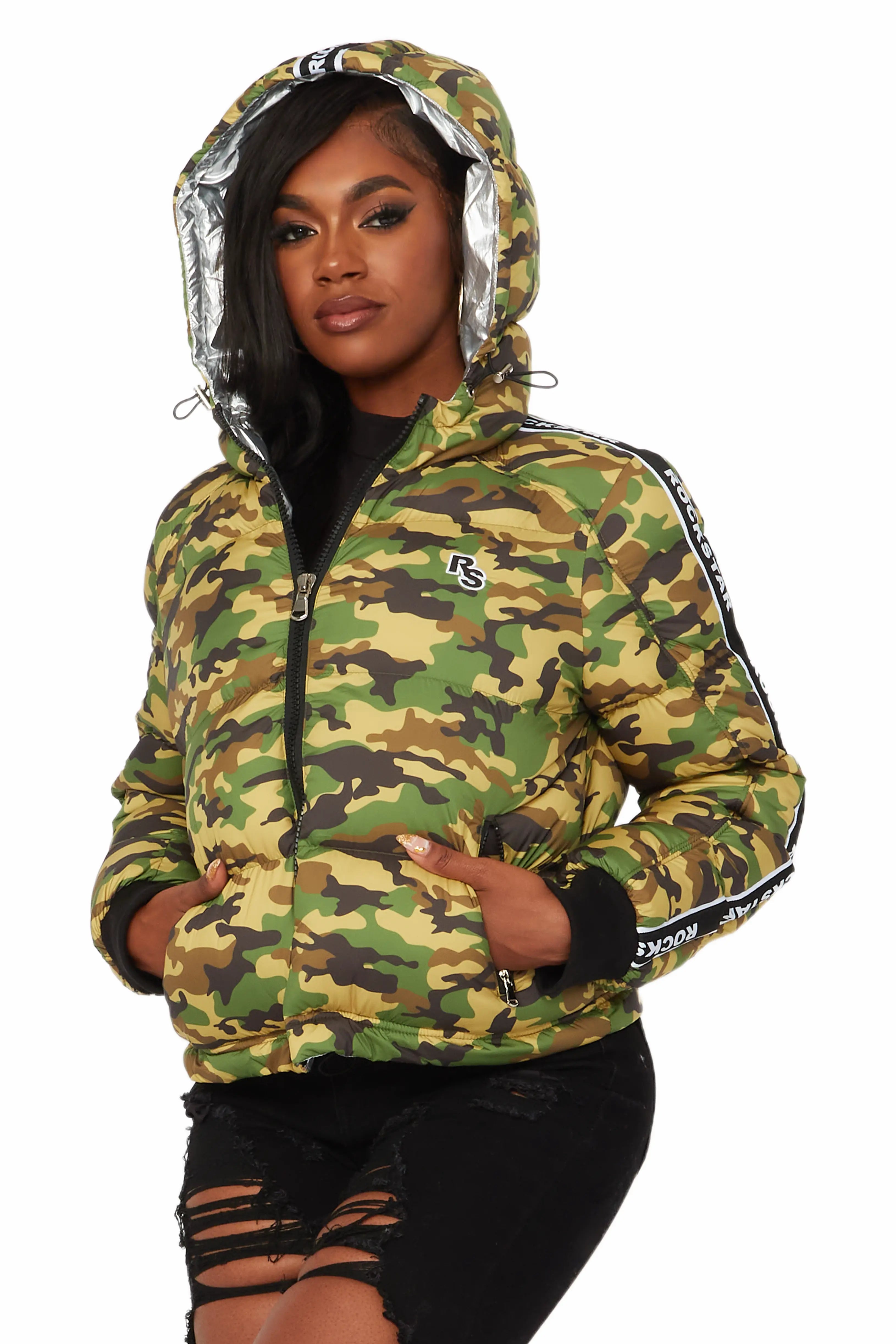 hooded camo puffer jacket