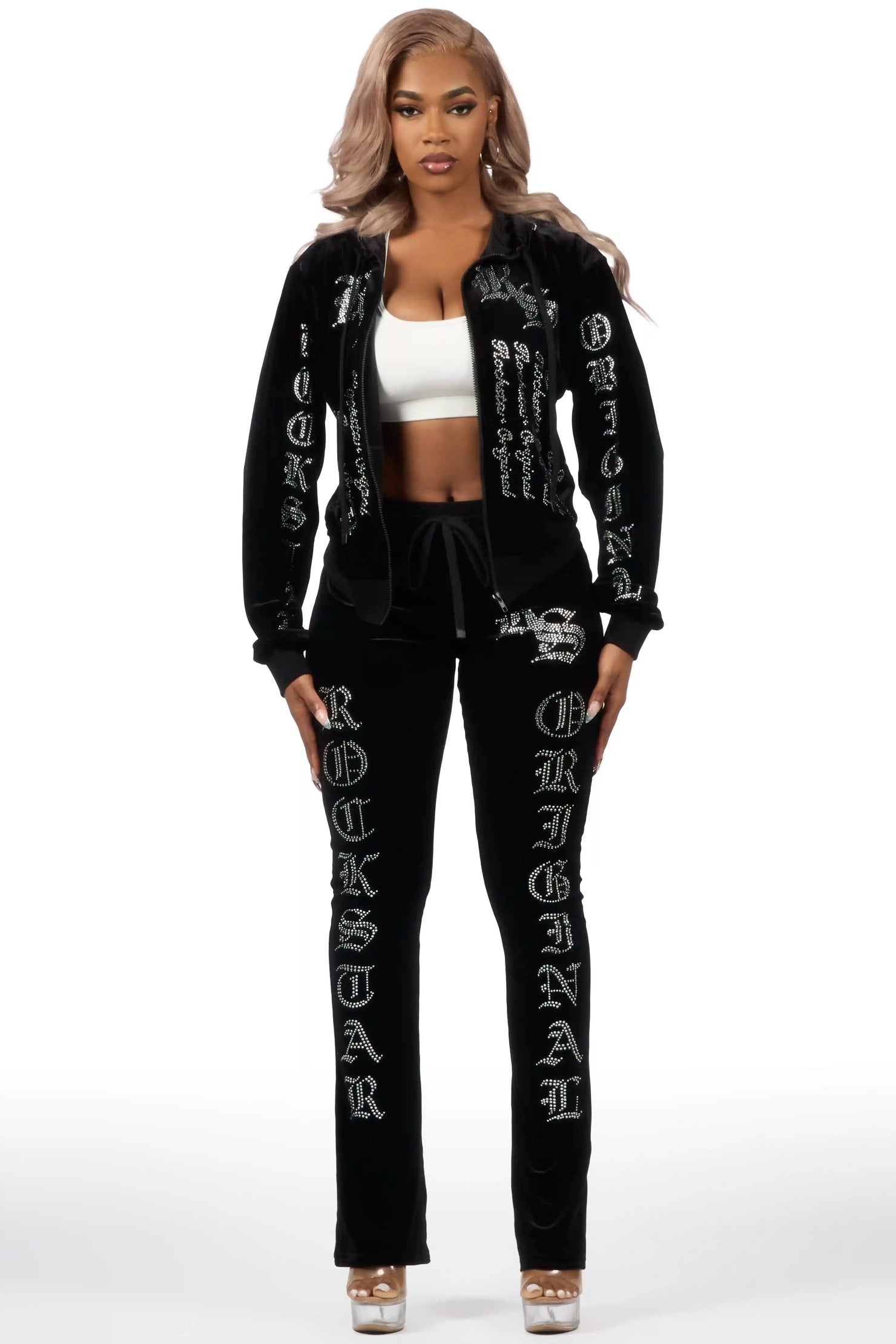 Doniqua Black Rhinestone Velour Stacked Track Set