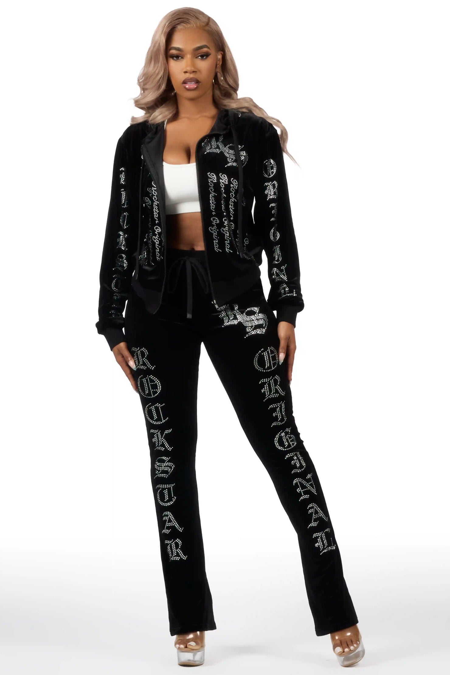Doniqua Black Rhinestone Velour Stacked Track Set