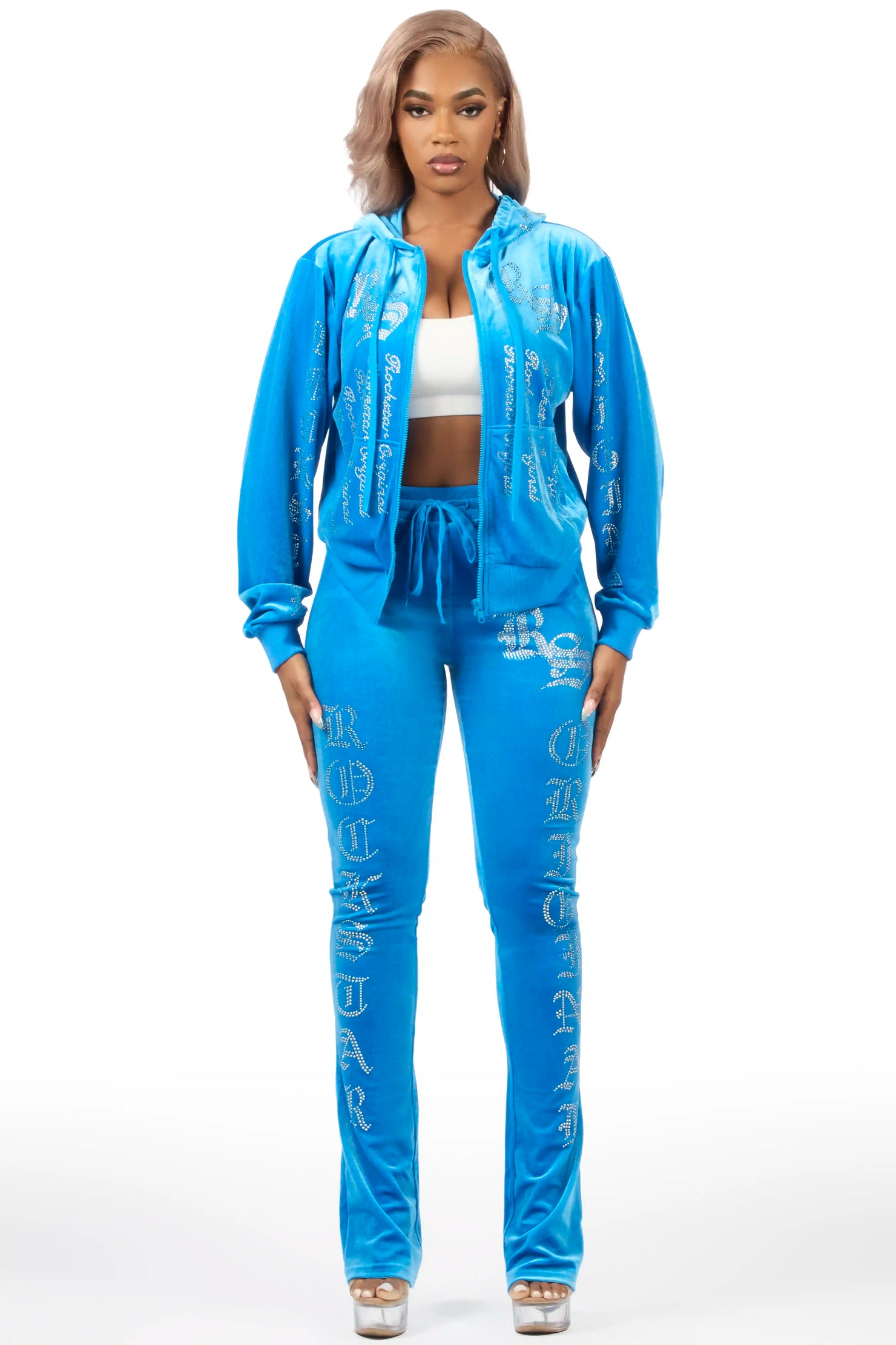Doniqua Blue Rhinestone Velour Stacked Track Set