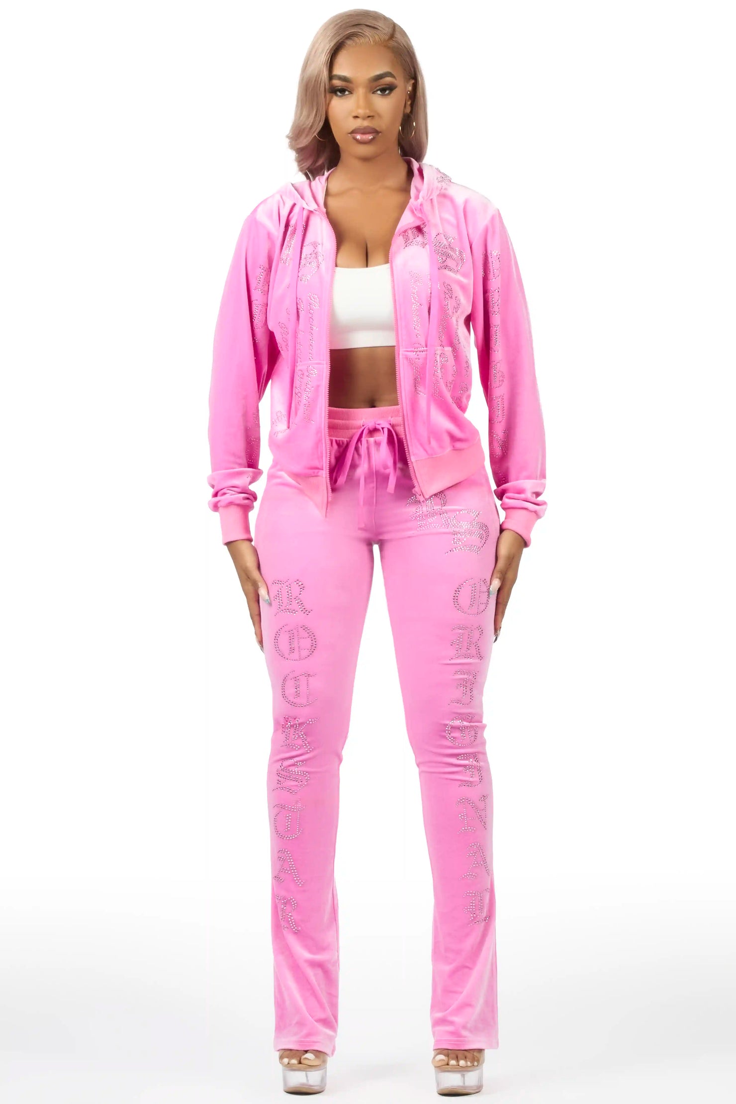 Doniqua Pink Rhinestone Velour Stacked Track Set