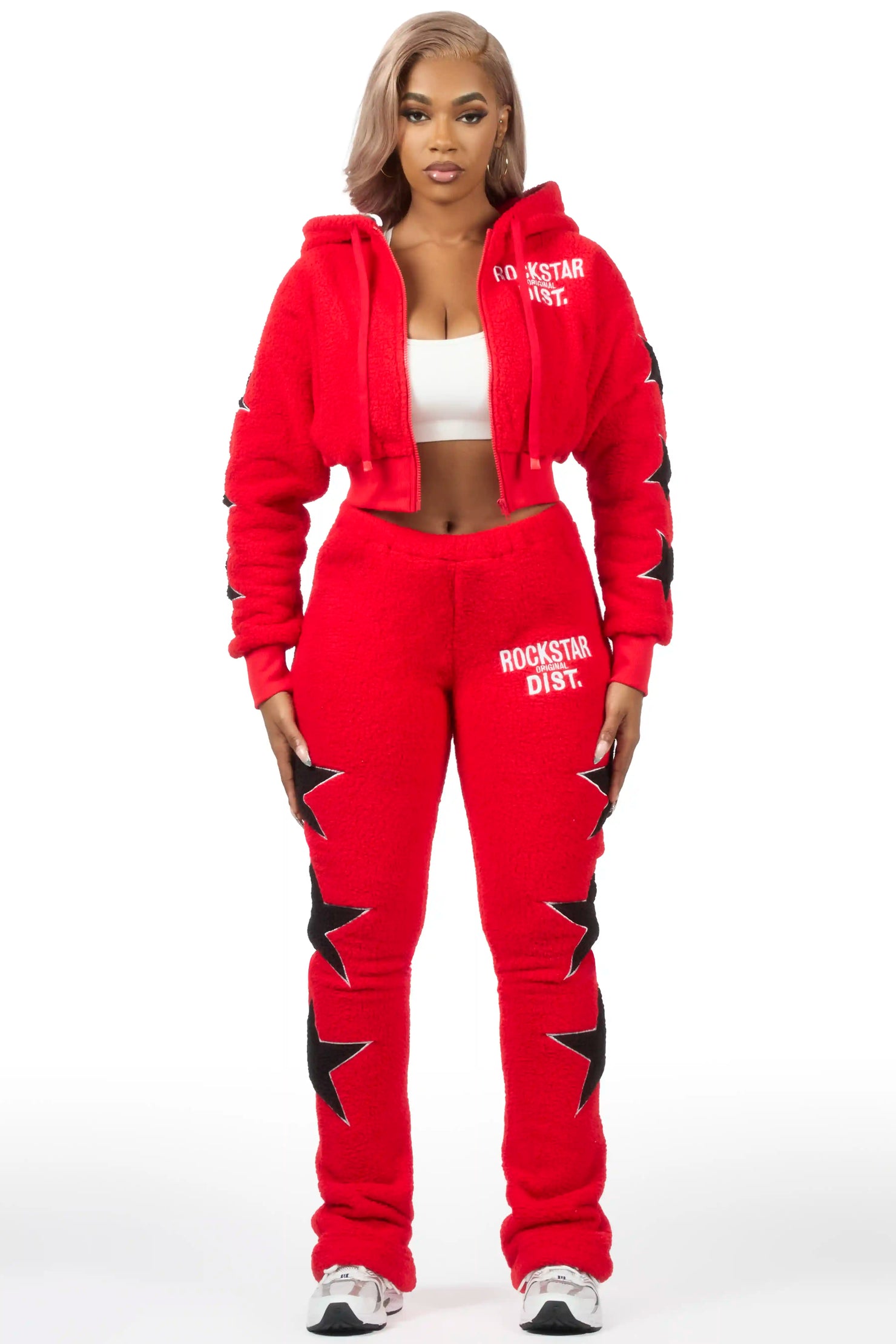 Dainisha Red Sherpa Zip Up Stacked Track Set