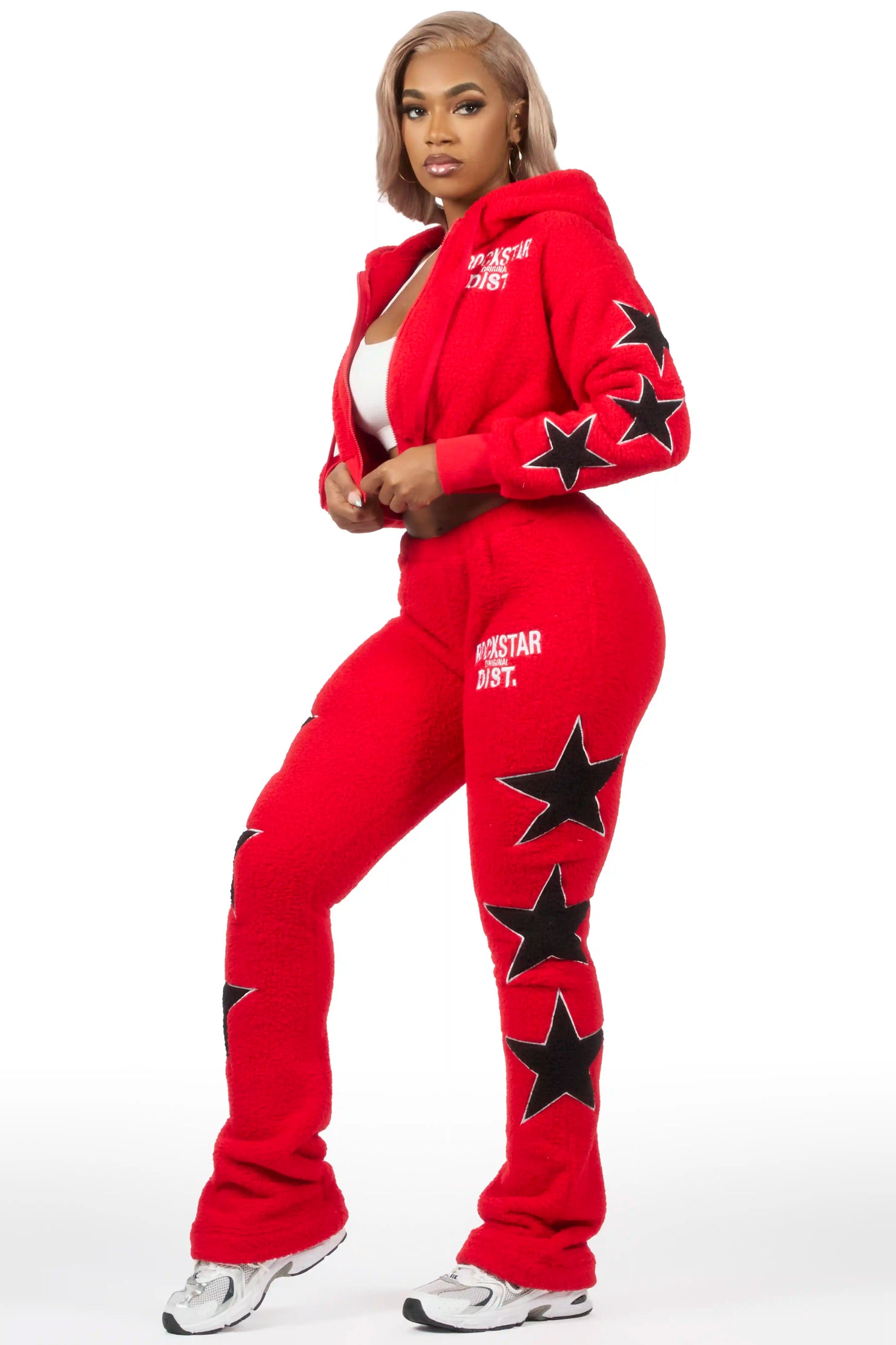 Dainisha Red Sherpa Zip Up Stacked Track Set