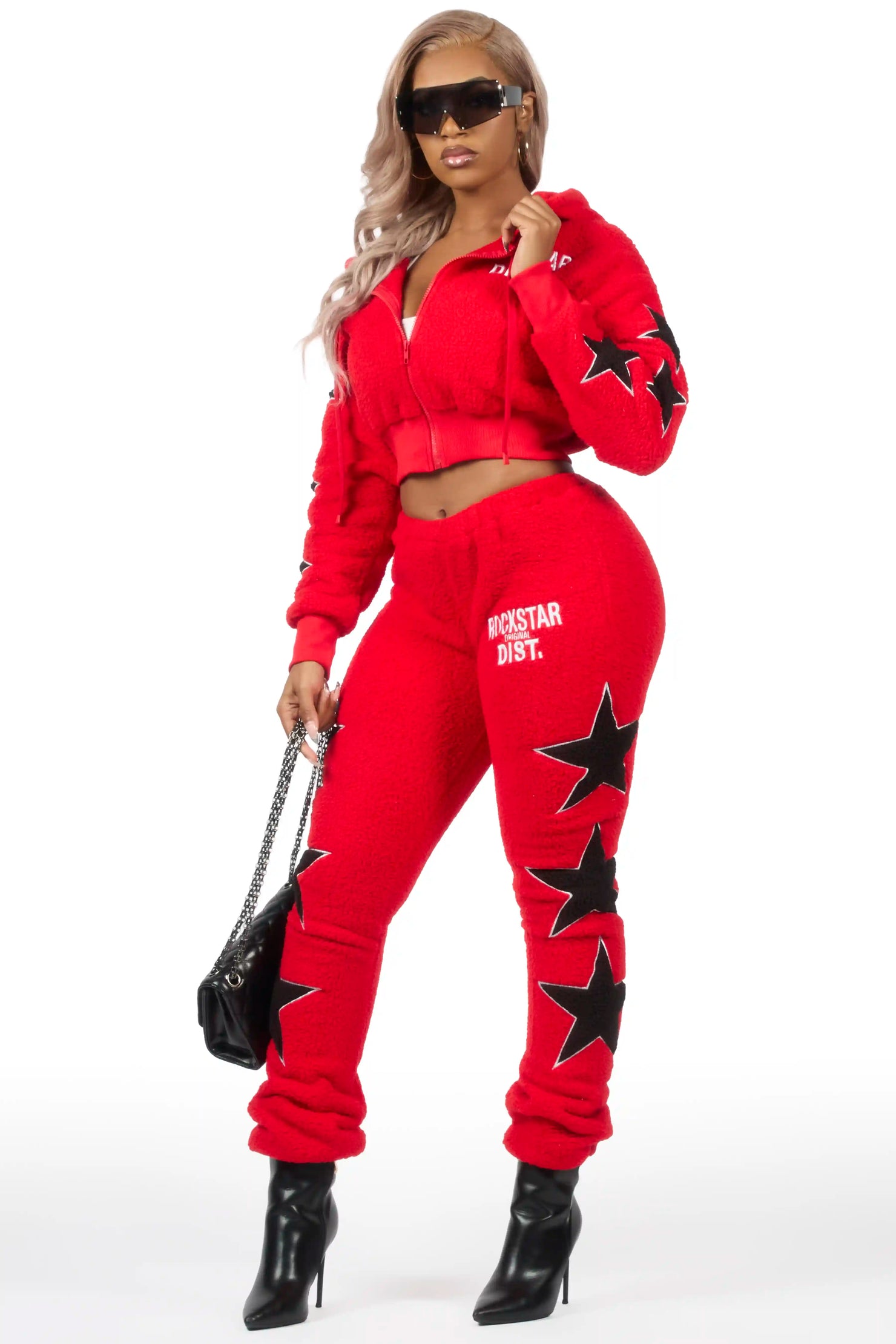 Dainisha Red Sherpa Zip Up Stacked Track Set