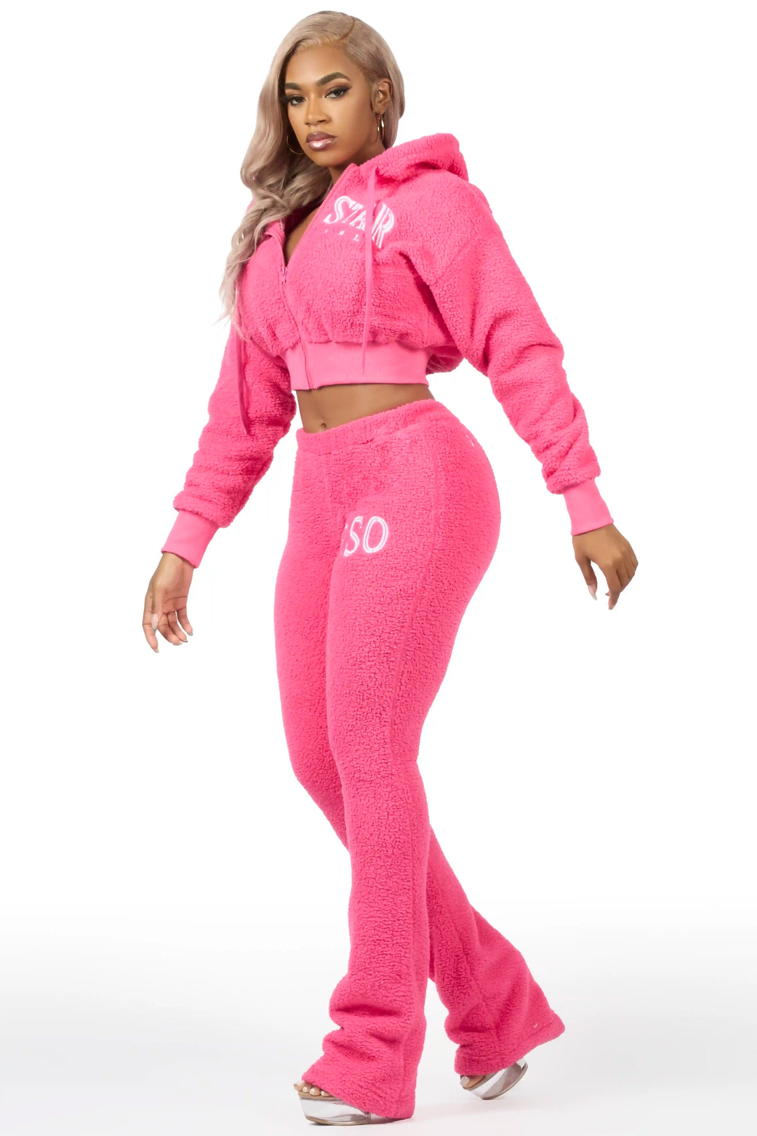 Krystiana Hot Pink Sherpa Zip Up Stacked Track Set