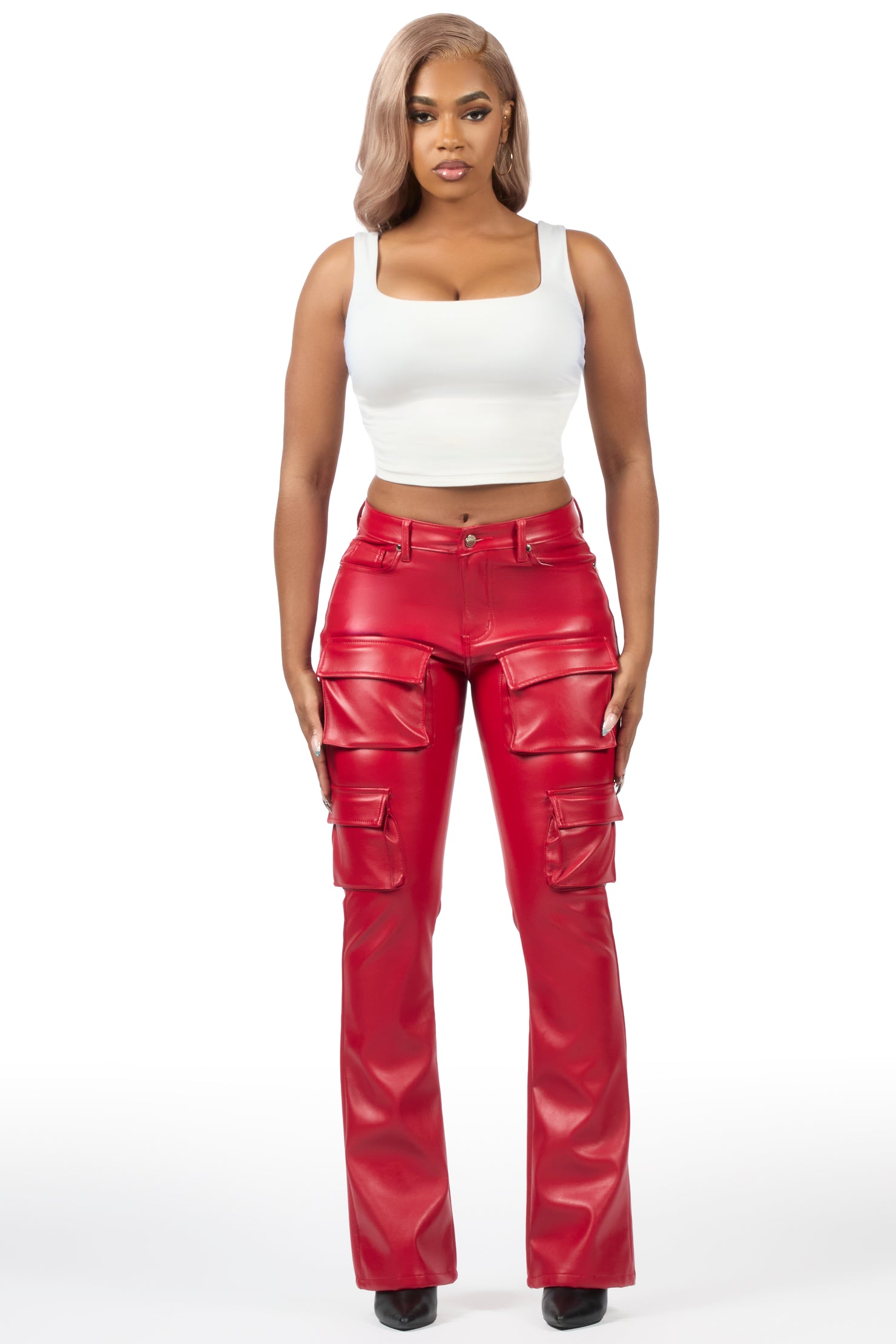 Caressia Red PU Cargo Stacked Flare Pant