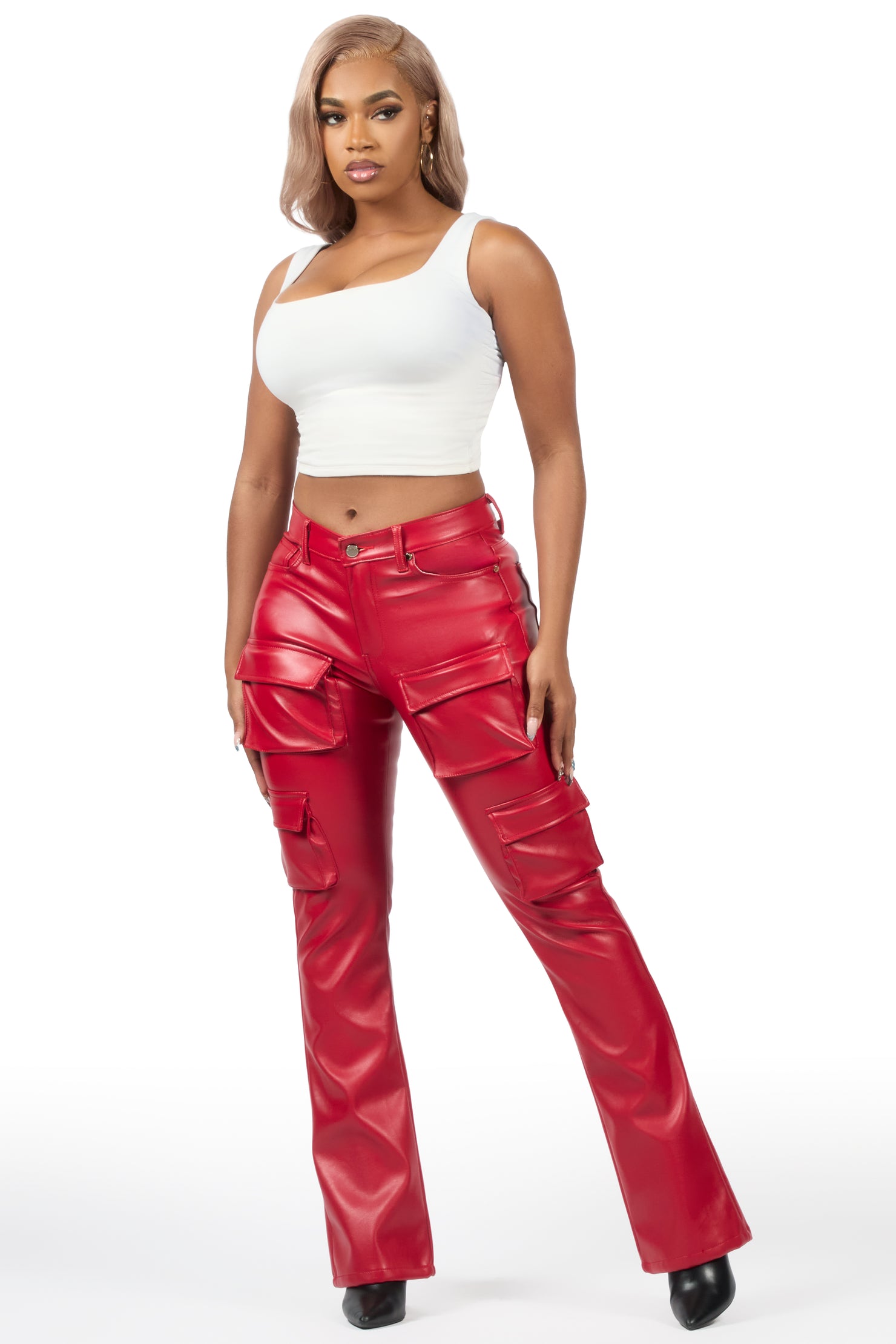 Caressia Red PU Cargo Stacked Flare Pant