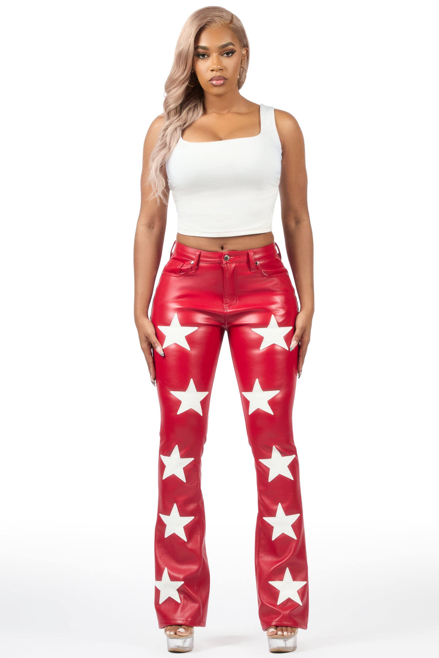 Takera Red PU Stacked Flare Pant