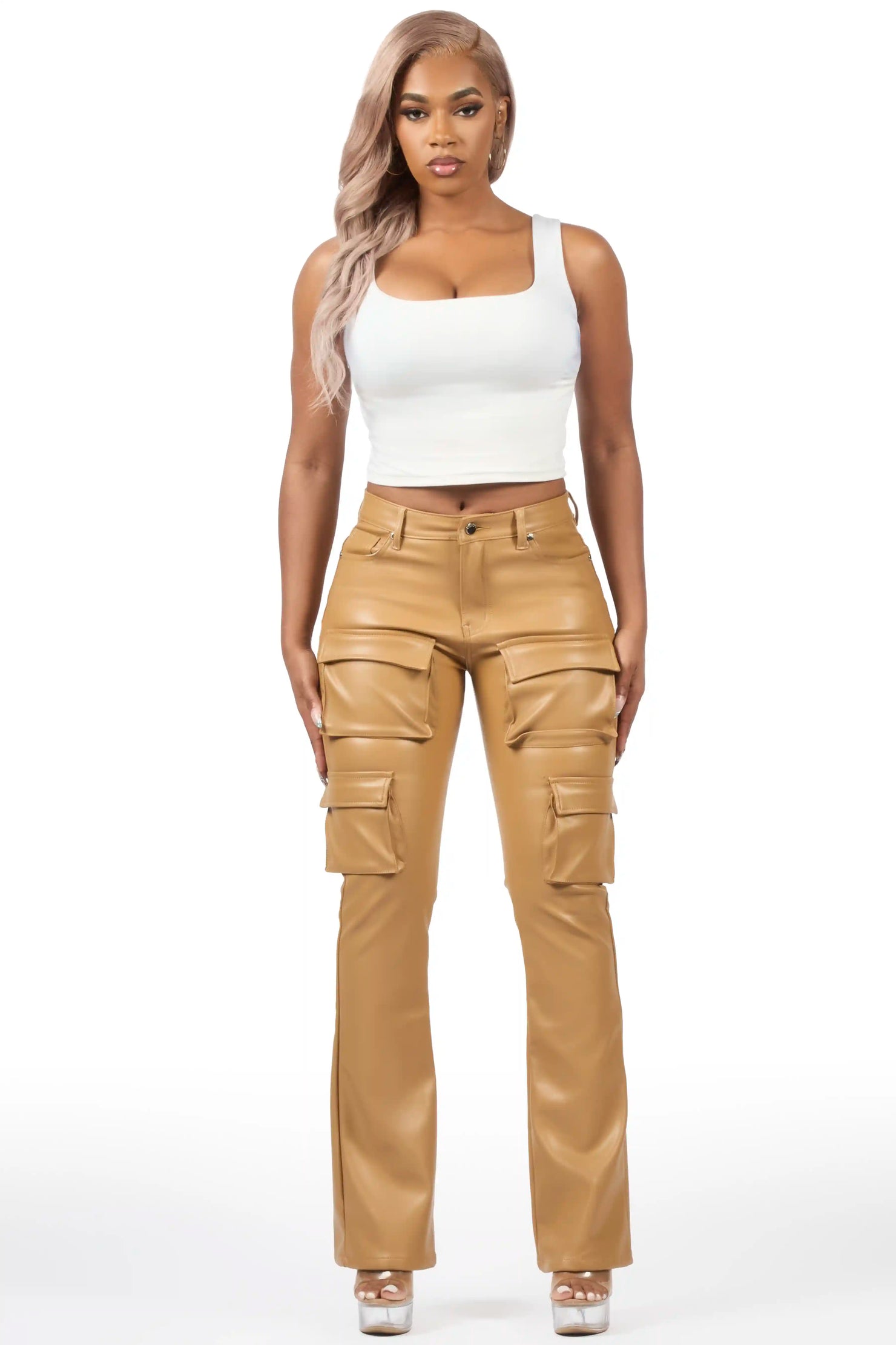 Caressia Tan PU Cargo Stacked Flare Pant
