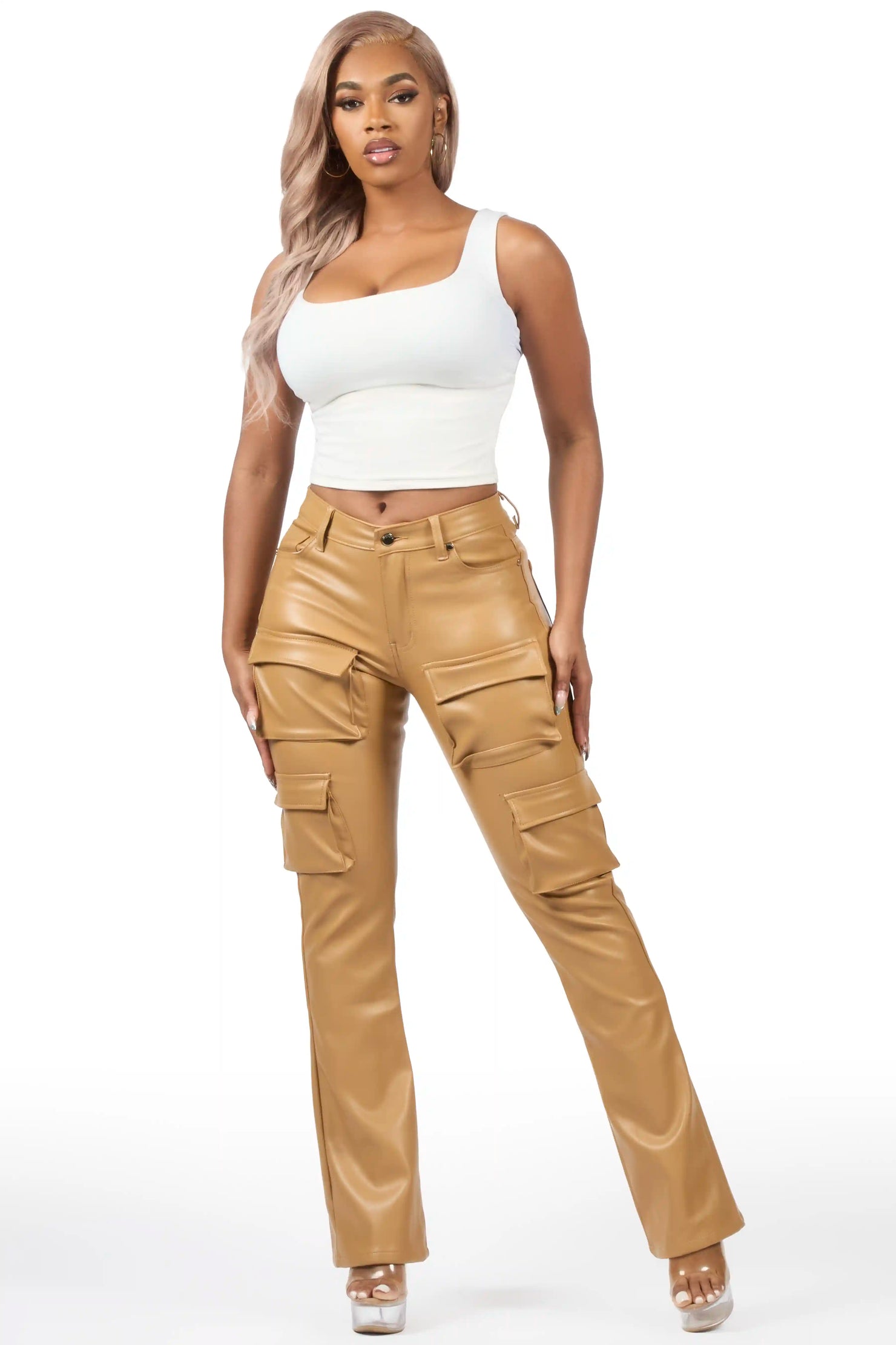 Caressia Tan PU Cargo Stacked Flare Pant