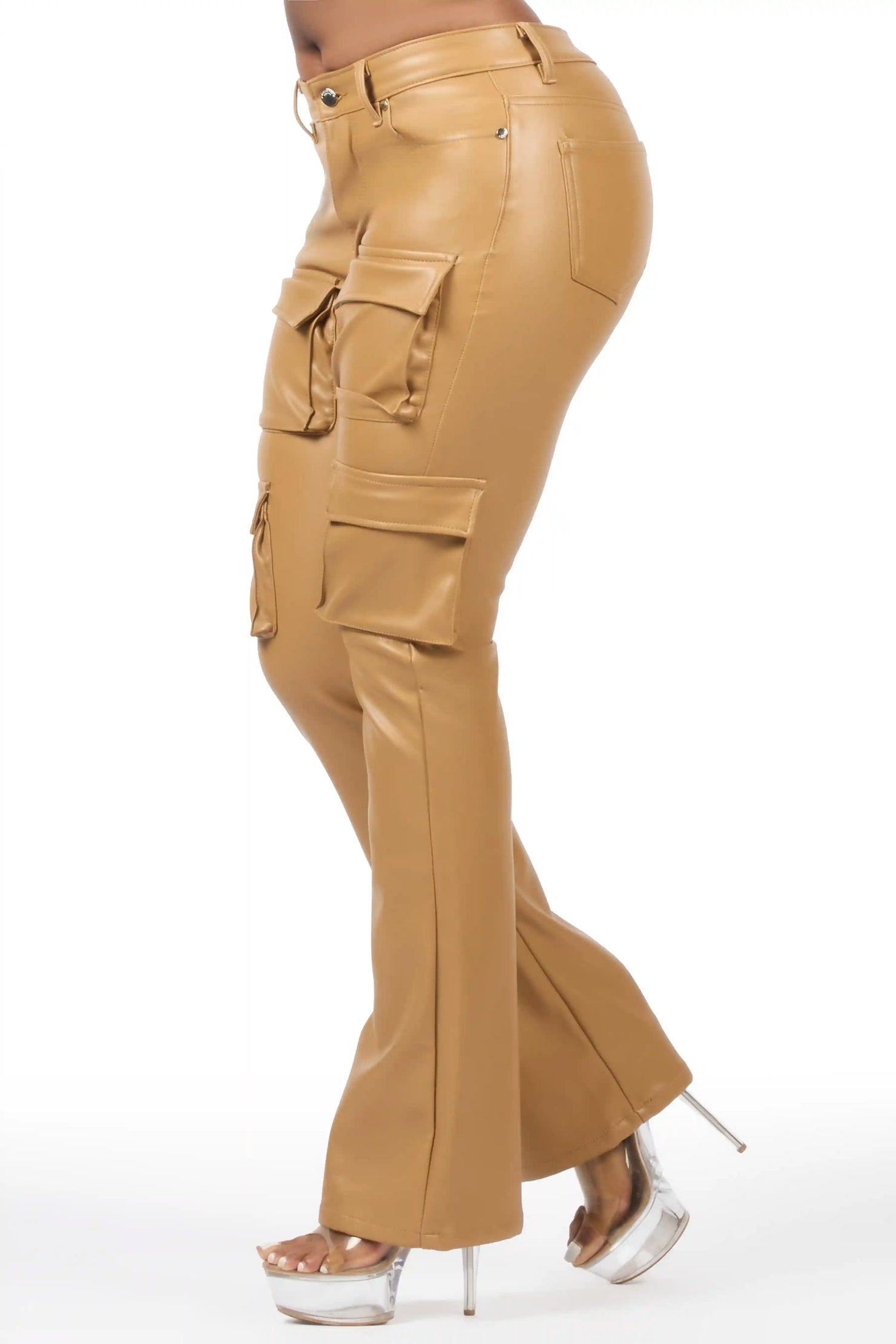 Caressia Tan PU Cargo Stacked Flare Pant