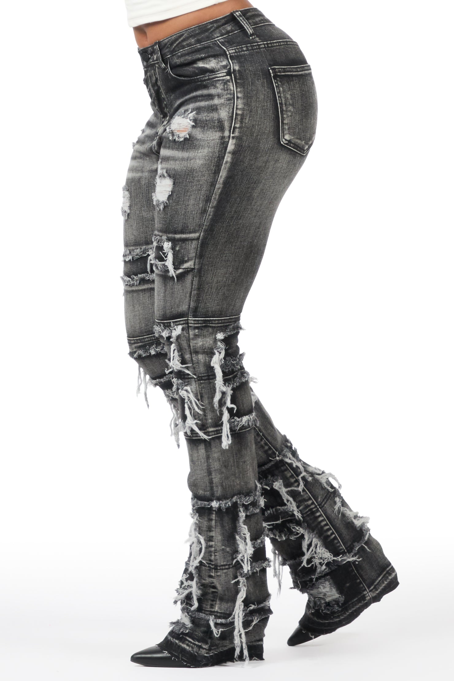 Amerya Grey Wash Distressed Stacked Flare Jean