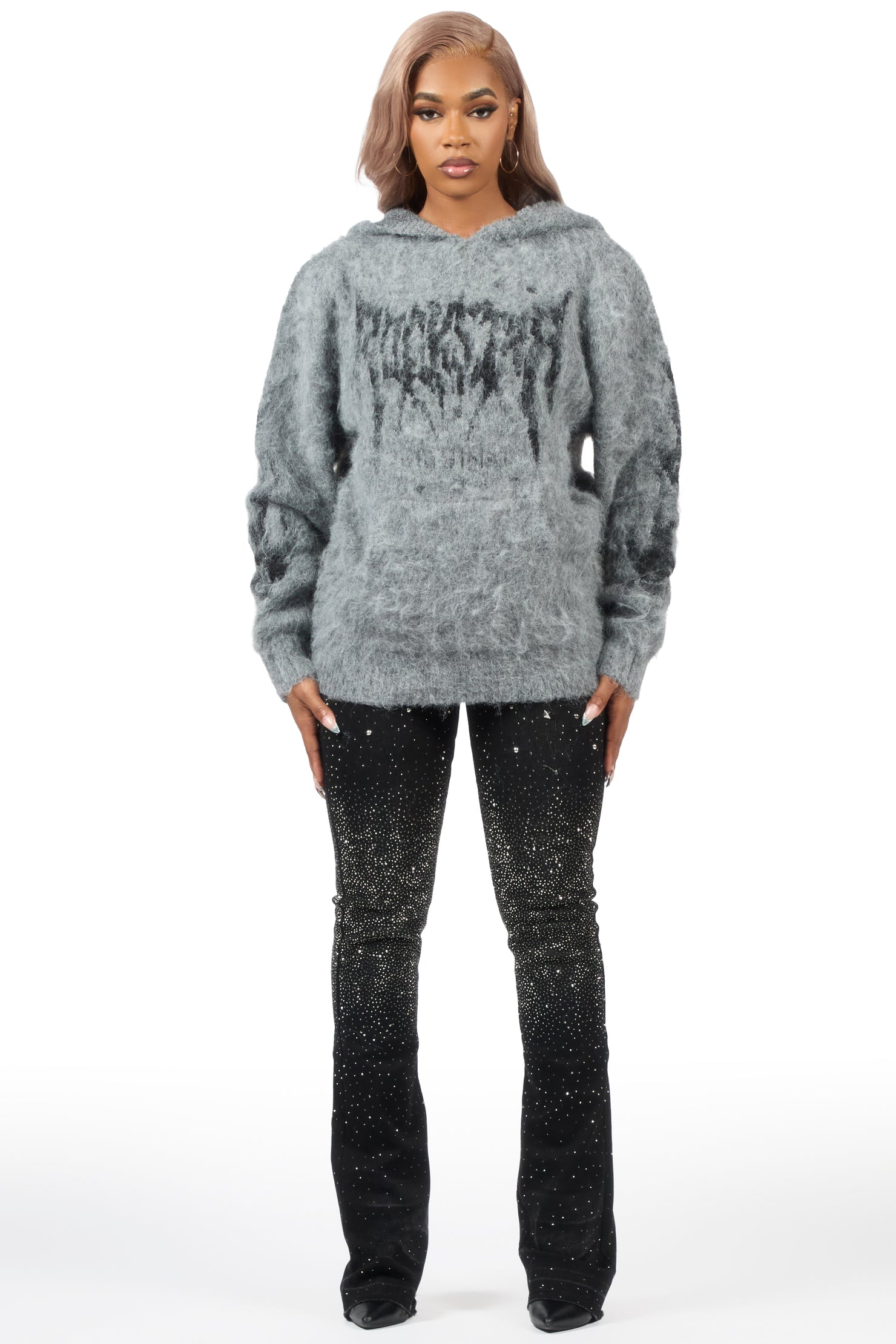 Keshay Grey Graphic Knit Hoodie
