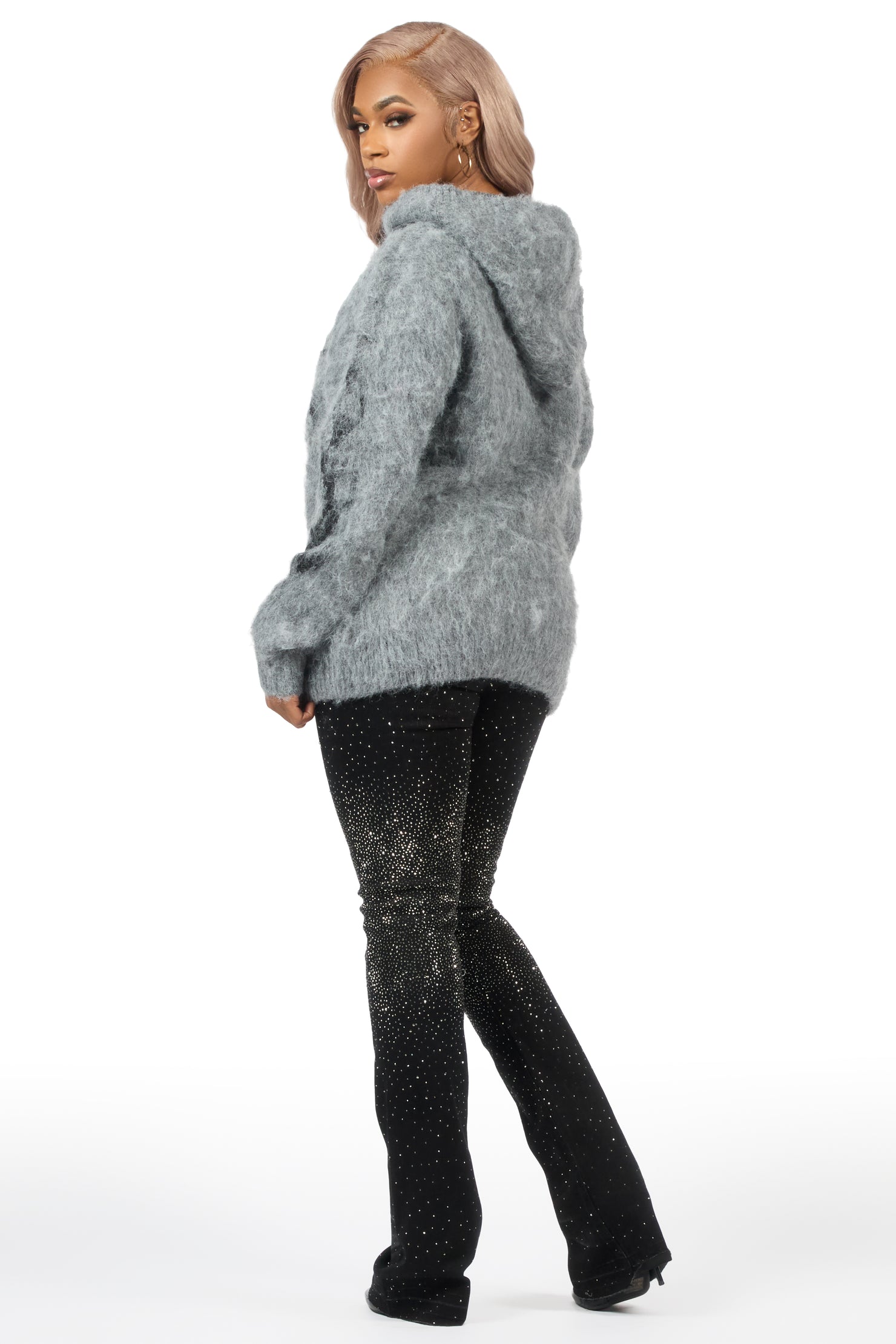 Keshay Grey Graphic Knit Hoodie