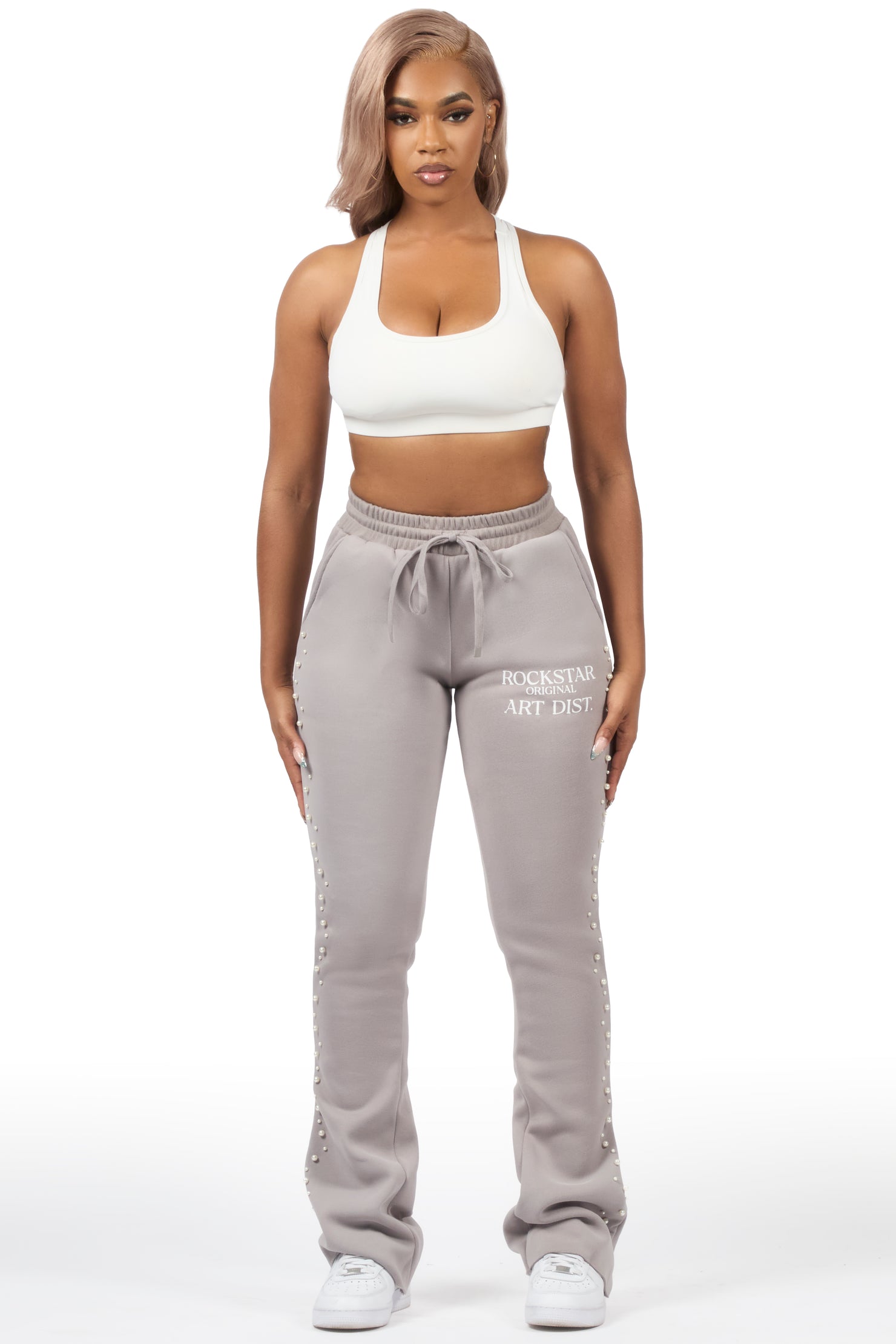 Nikkia Grey Pearl Stacked Track Pant