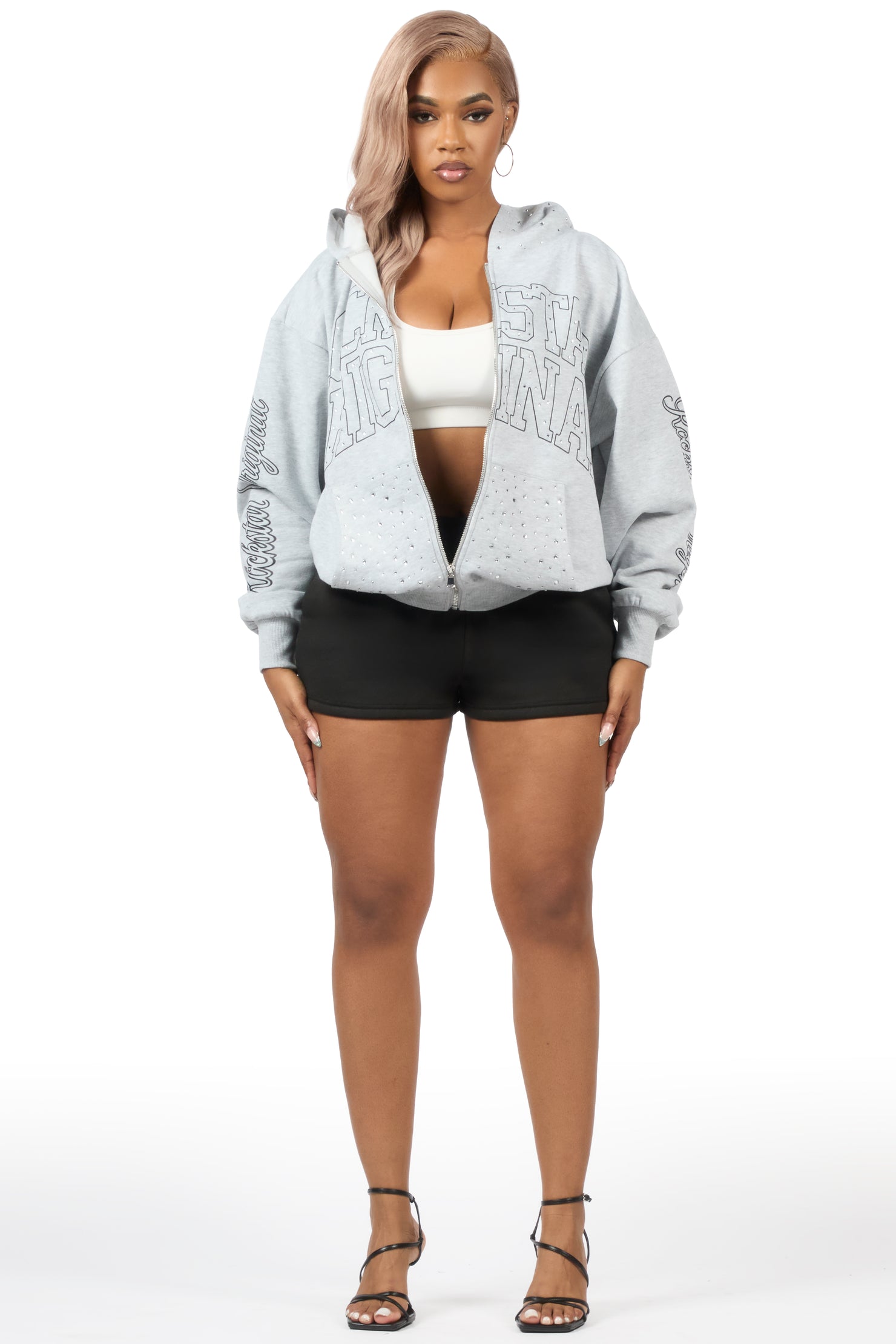 Alvina Grey Rhinestone Zip Up Hoodie