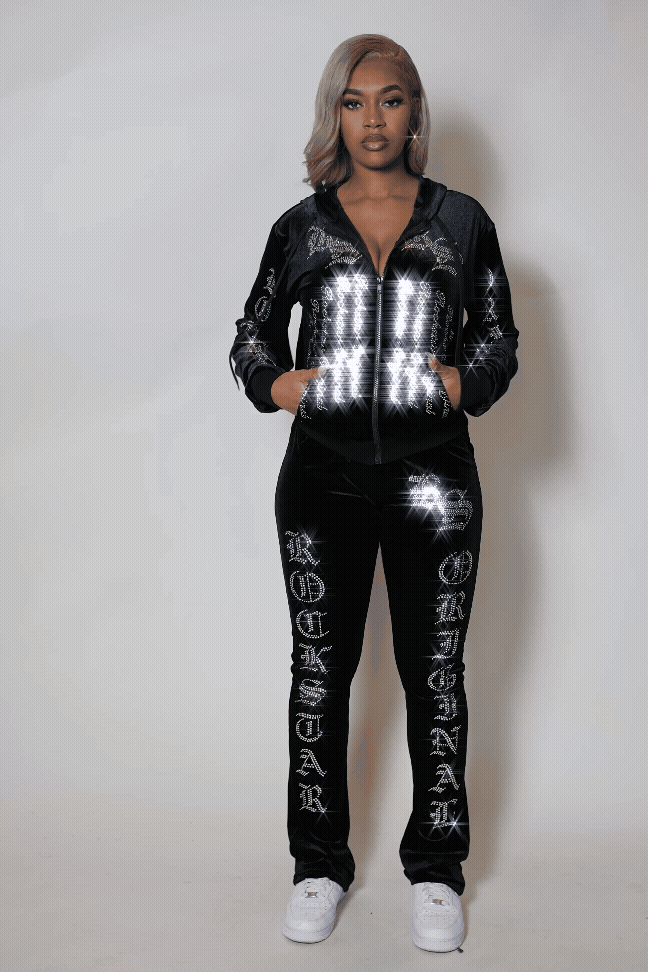 Doniqua Black Rhinestone Velour Stacked Track Set