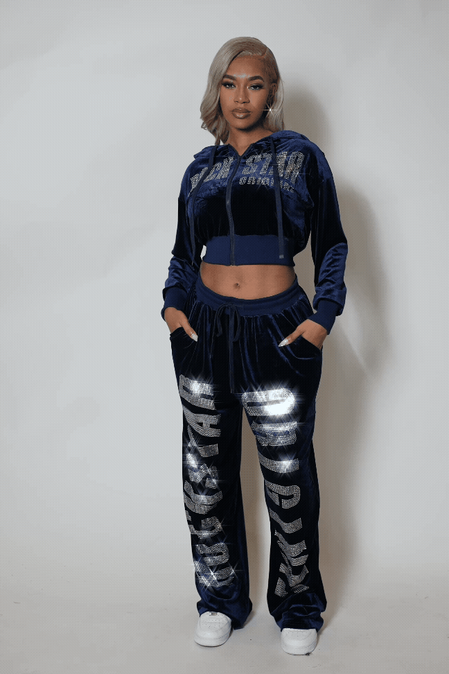 Cadence Navy Rhinestone Velour Baggy Fit Track Set