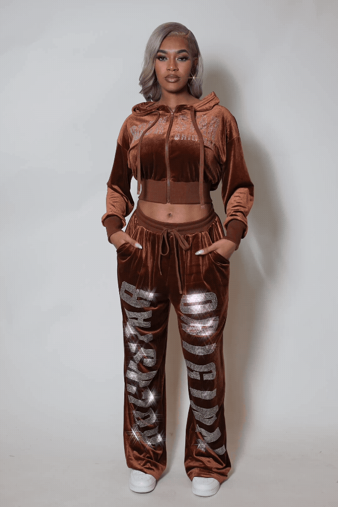 Cadence Brown Rhinestone Velour Baggy Fit Track Set