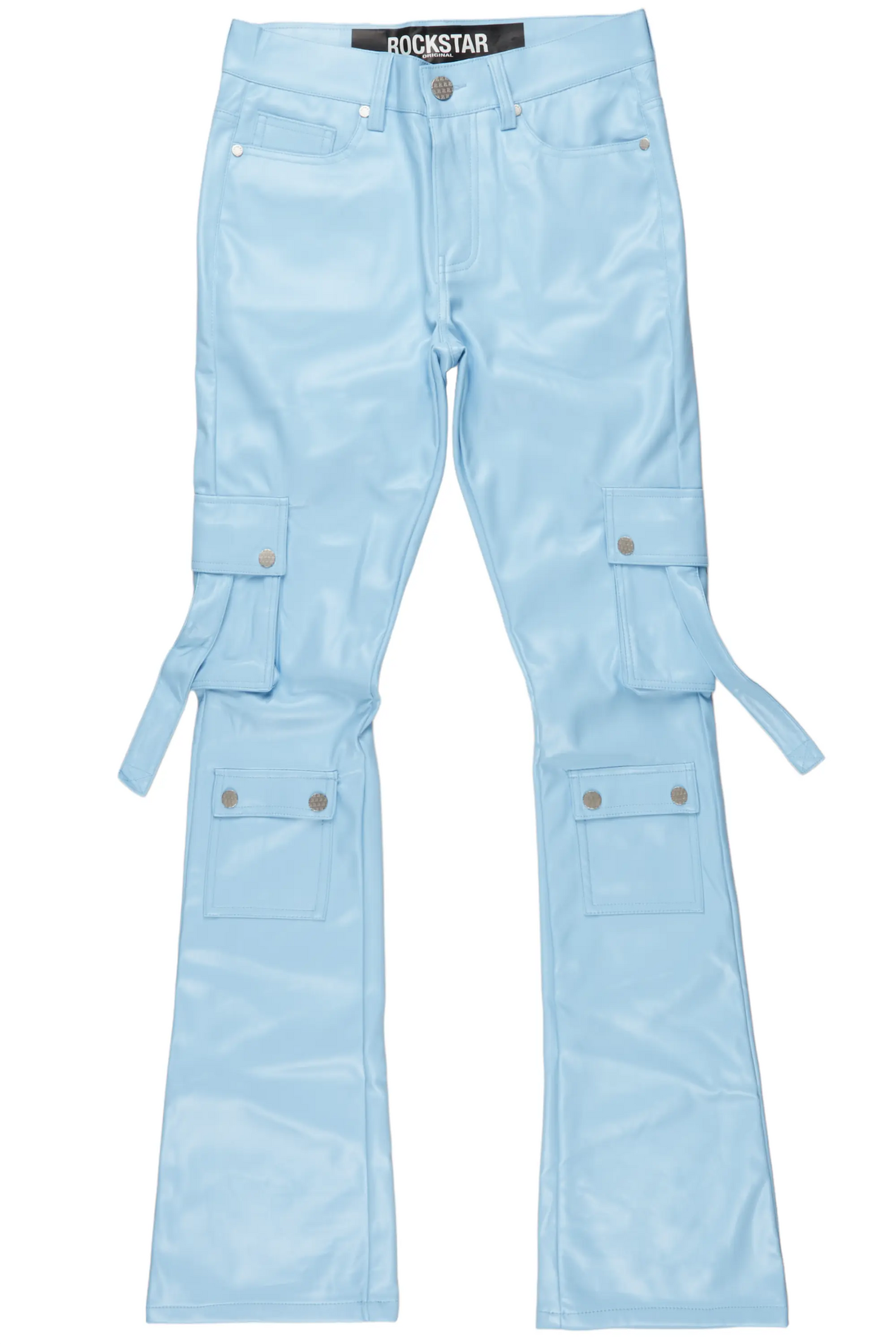 Errol Baby Blue Faux Leather Stacked Cargo Jean