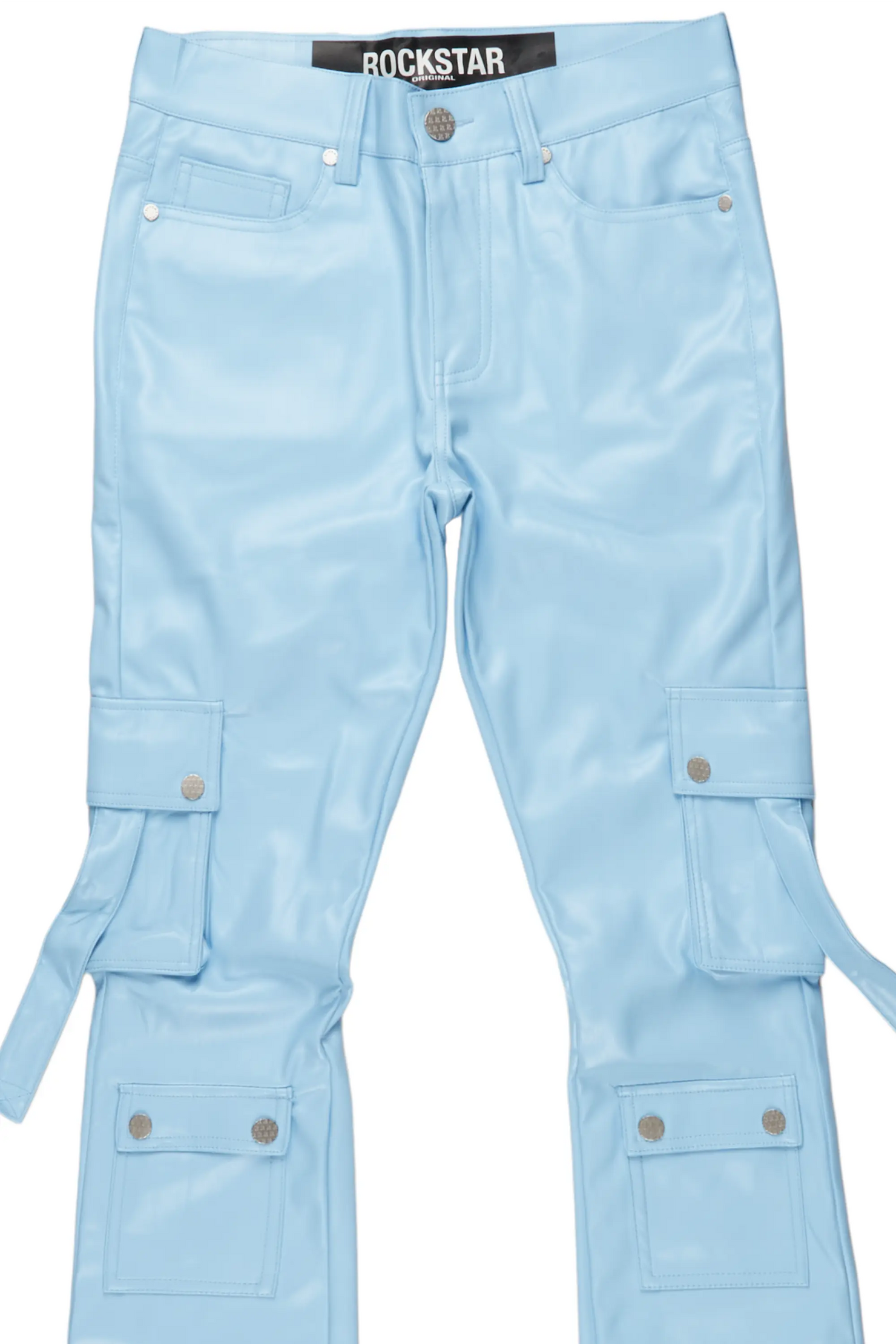 Errol Baby Blue Faux Leather Stacked Cargo Jean