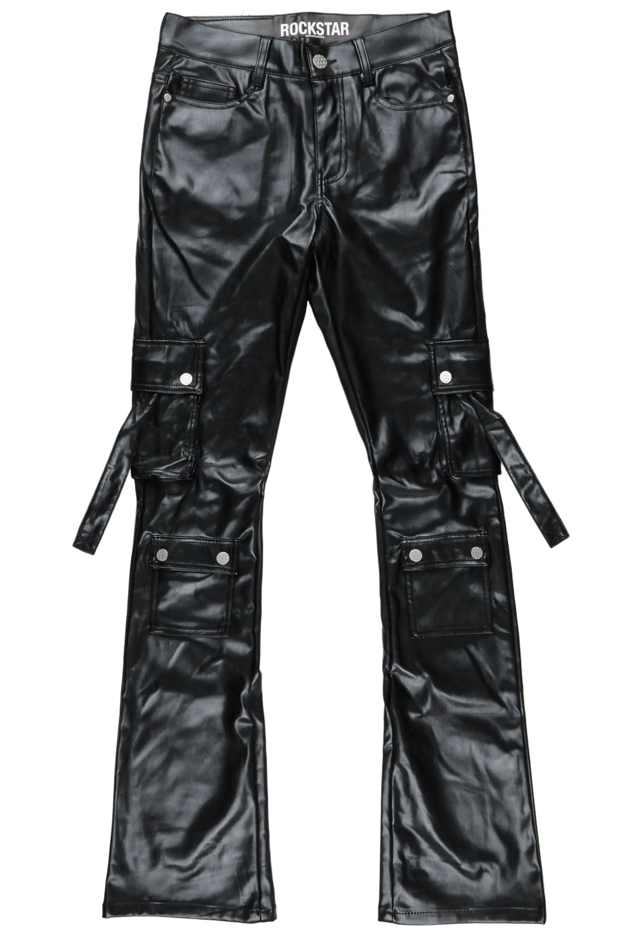 Errol Black Faux Leather Stacked Cargo Jean