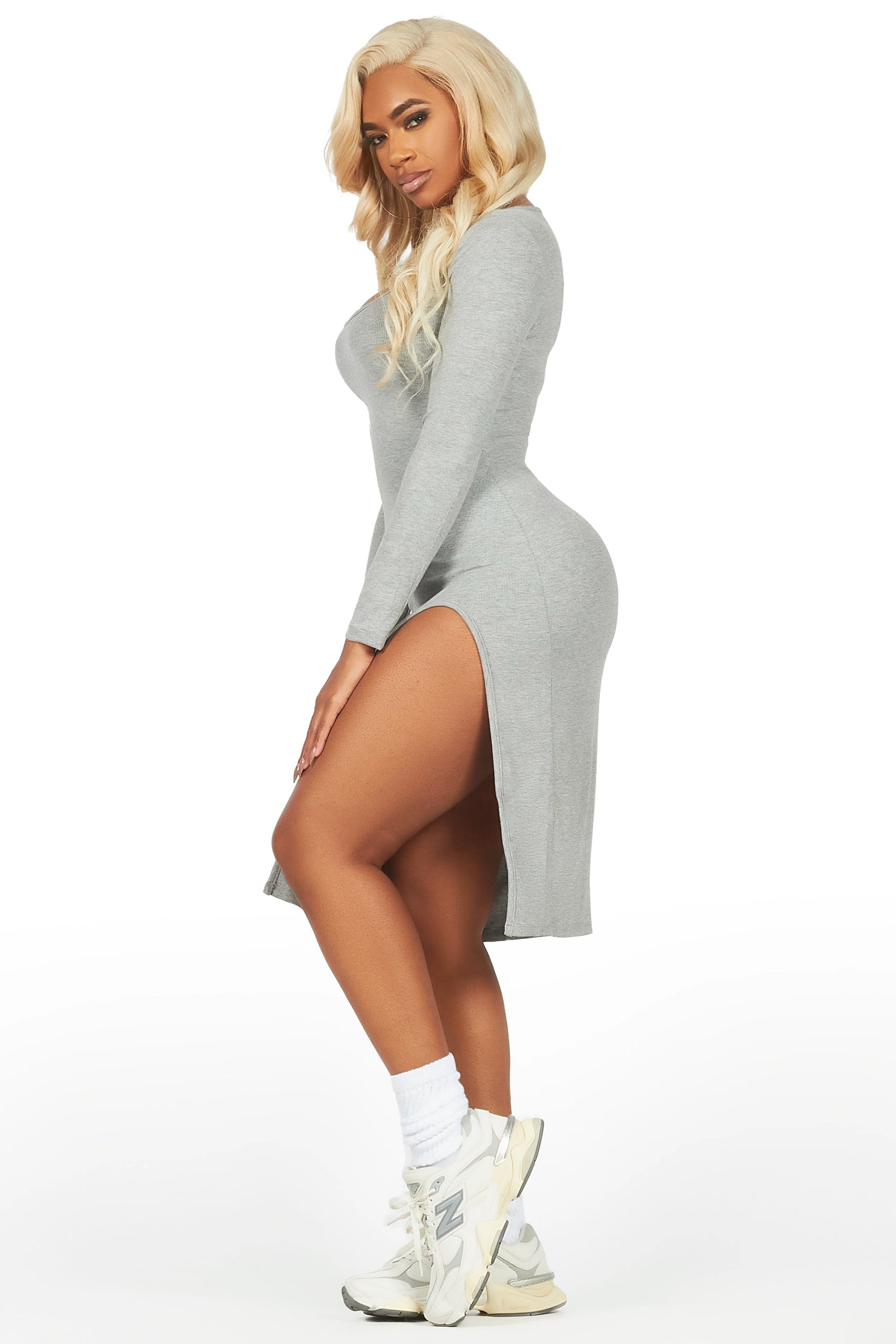 Dionna Heather Grey Basic Midi Dress